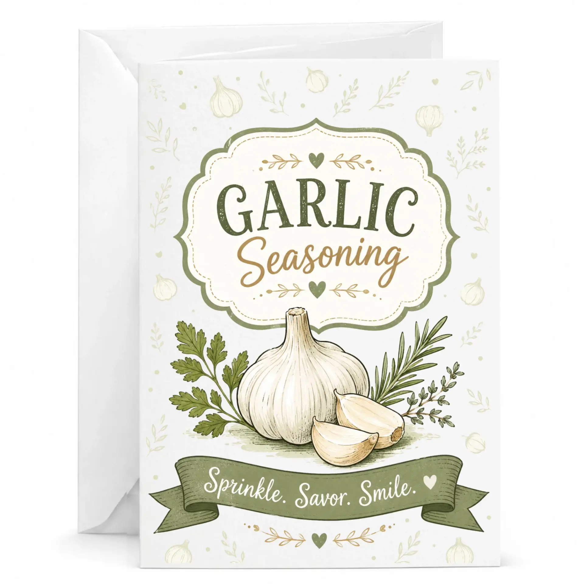 Funny Garlic Seasoning Greeting Card for Food Lovers Culinary Inspired Stationery with Matching White Envelope