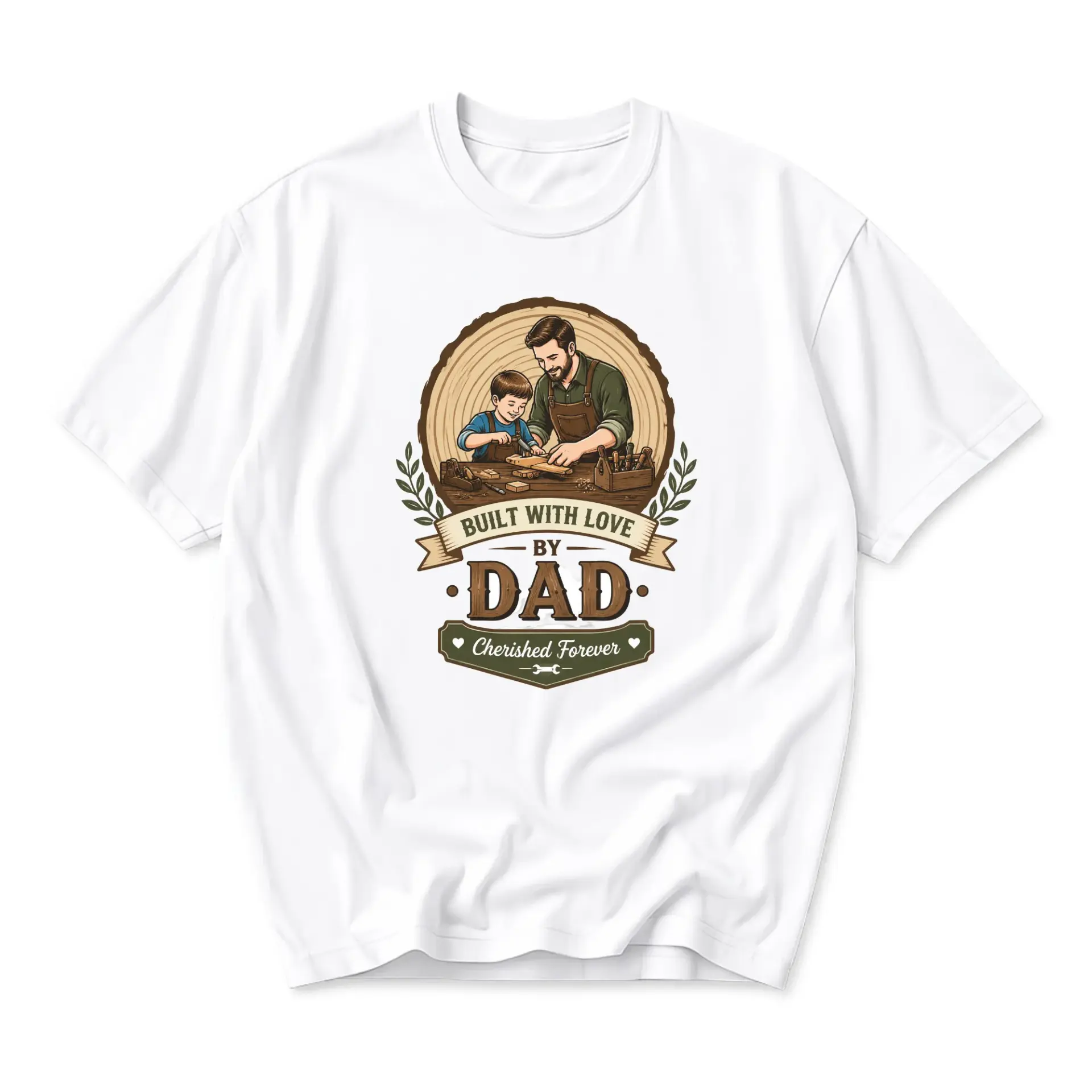 Graphic Tee Built with Love by Dad Vintage Style Illustration Unisex Crew Neck Soft Cotton Casual Apparel T-Shirt
