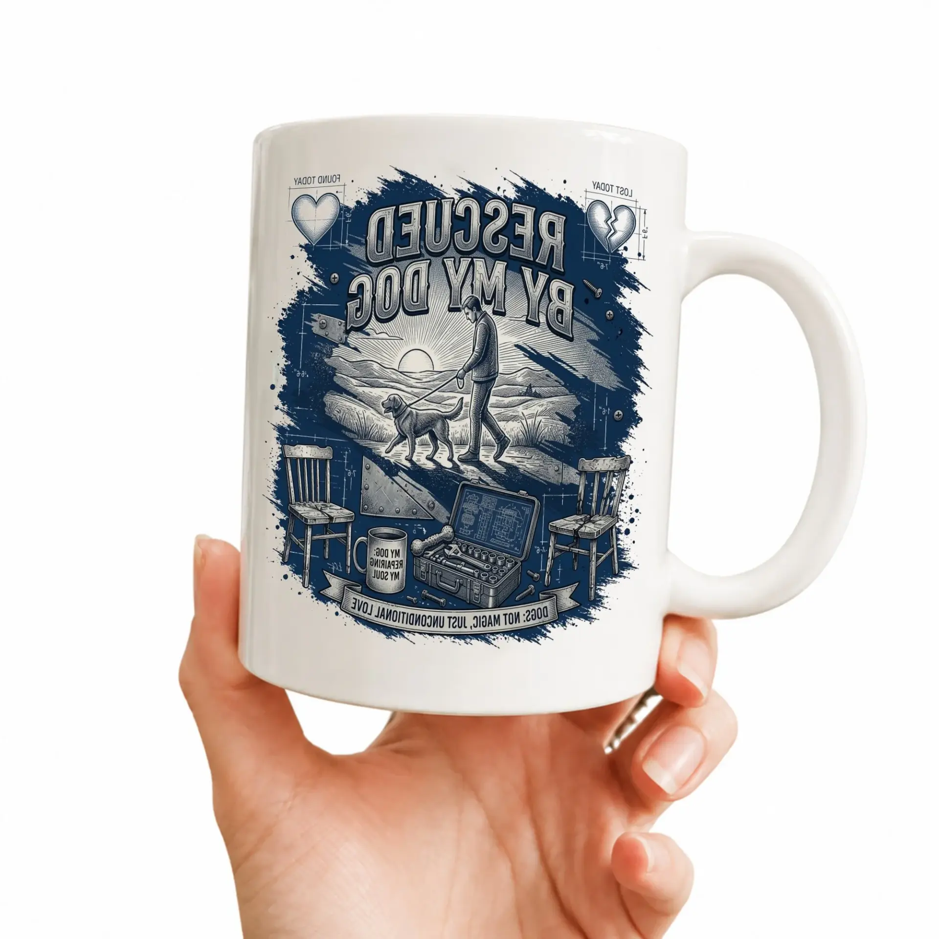 Heartfelt Rescued by My Dog Ceramic Mug with Blue Accent Handle and Detailed Illustration for Lovers Coffee