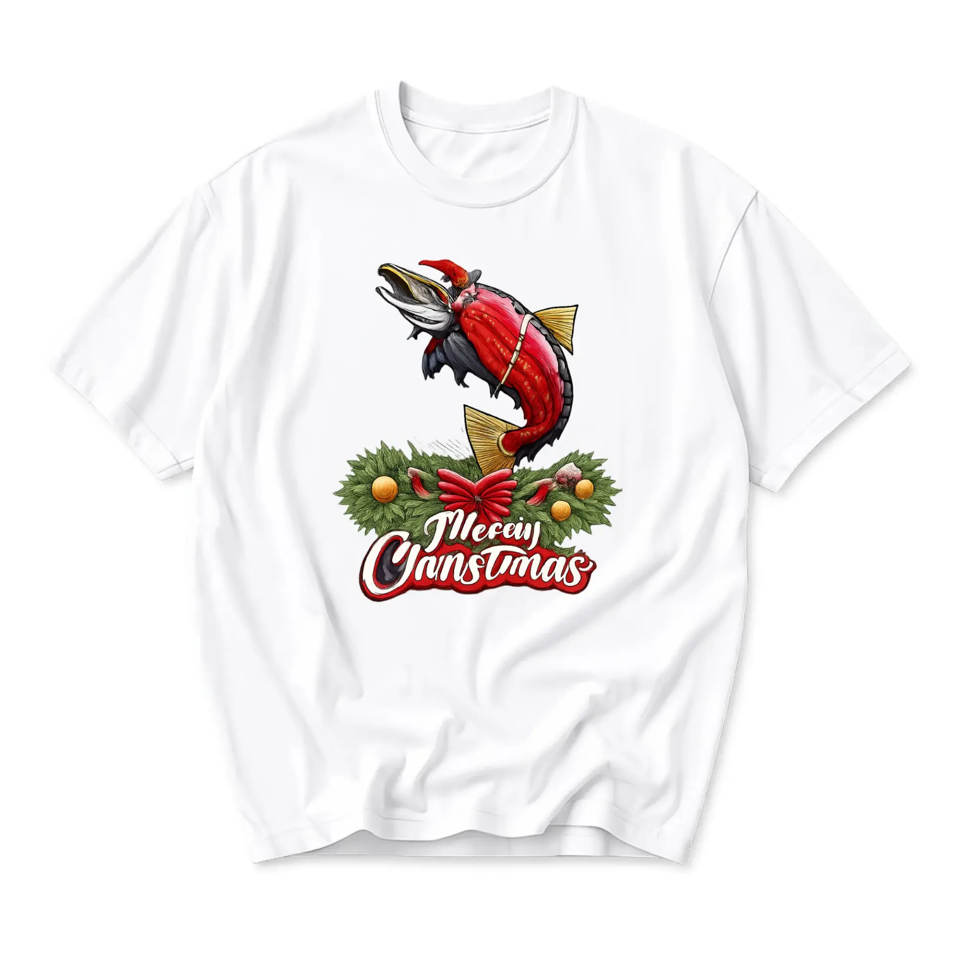 Funny Shirt Fish Holiday Graphic Tee Seasonal Red Salmon Jumping Out of a
