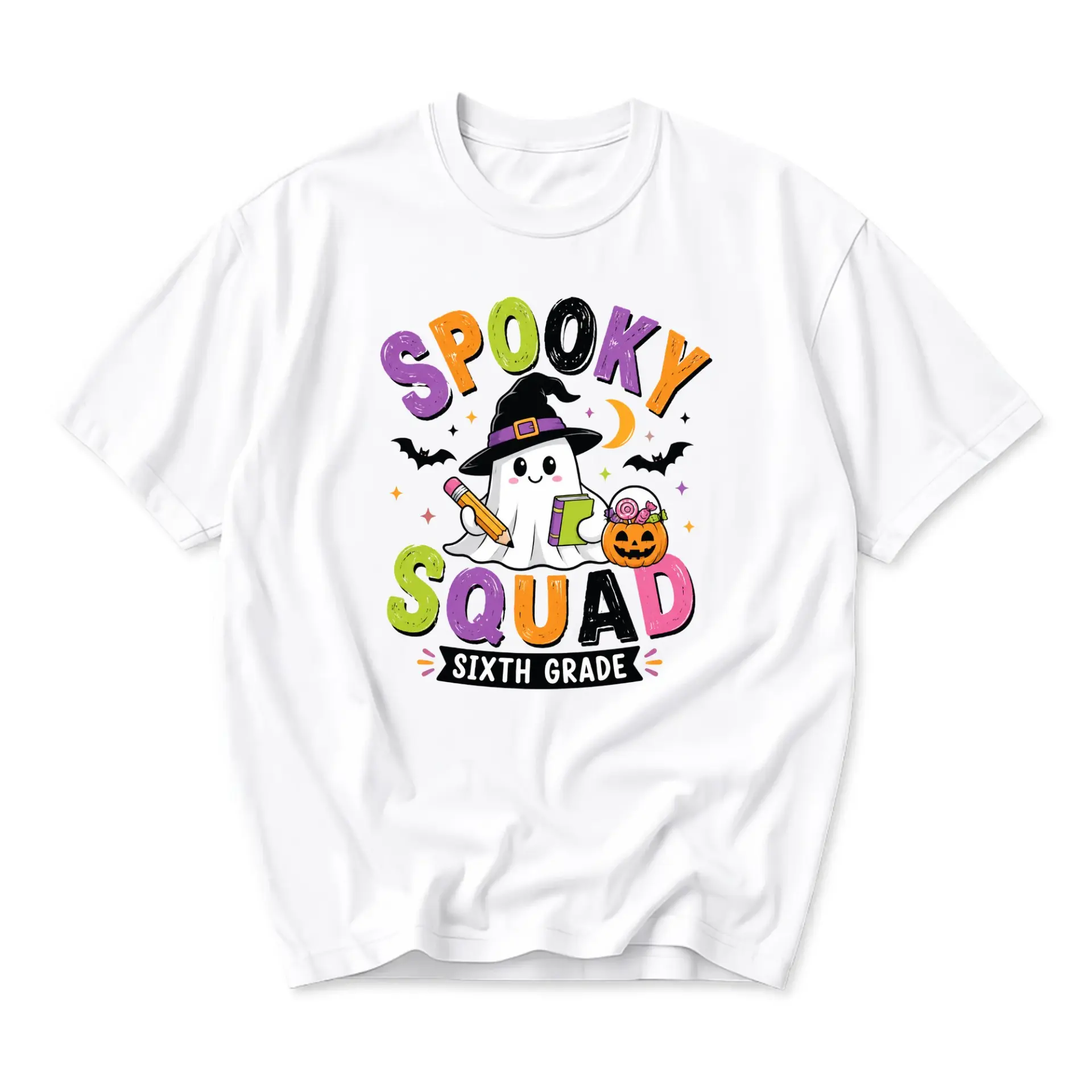 T-shirt Spooky Squad Sixth Grade Graphic Tee Unisex Crew Neck Halloween Fall Casual Top for Everyday Wear Seasonal