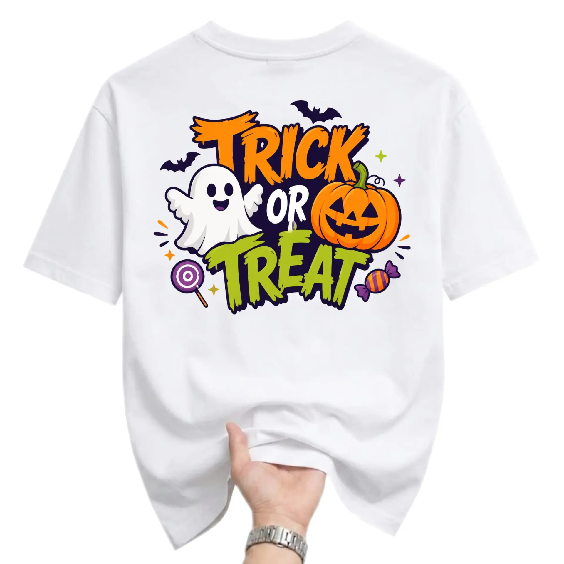 Funny Shirt Trick or Treat Ghost Pumpkin Graphic Tee Unisex Halloween Costume Apparel Casual Crew Neck Short Sleeve Top