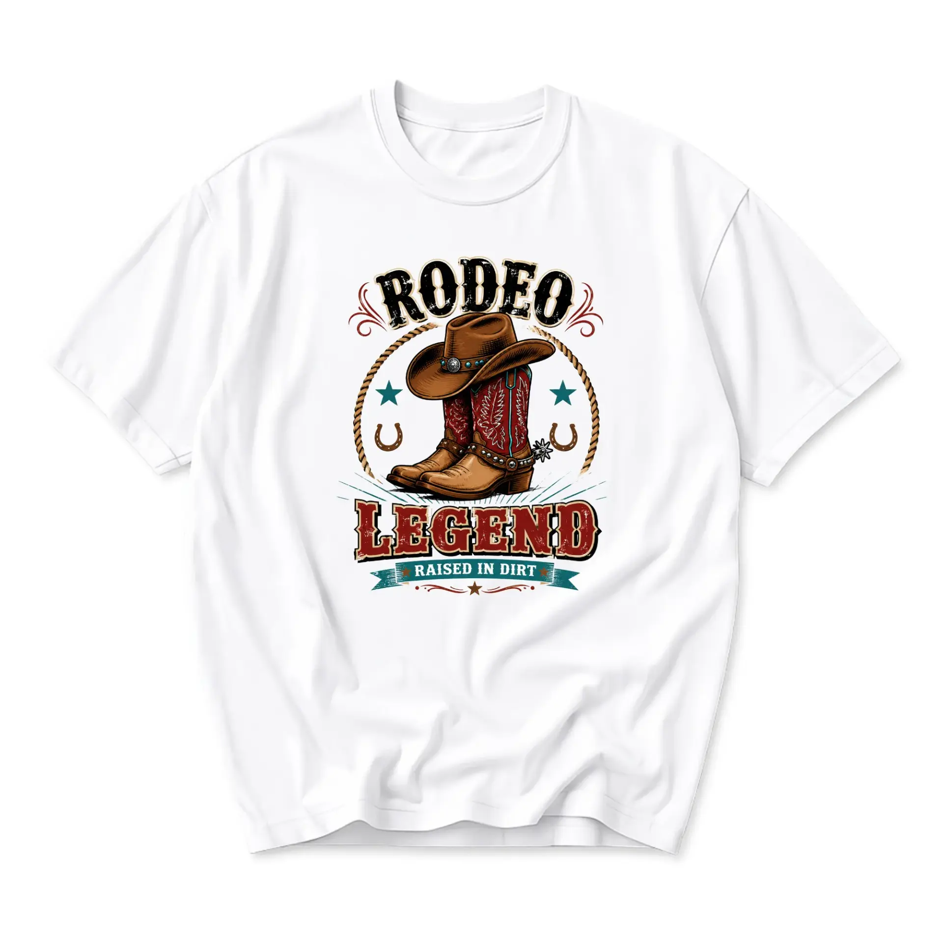 Graphic Tee Rodeo Legend Cowboy Hat and Boots Western Theme Unisex Short Sleeve Casual Crew Neck Apparel White