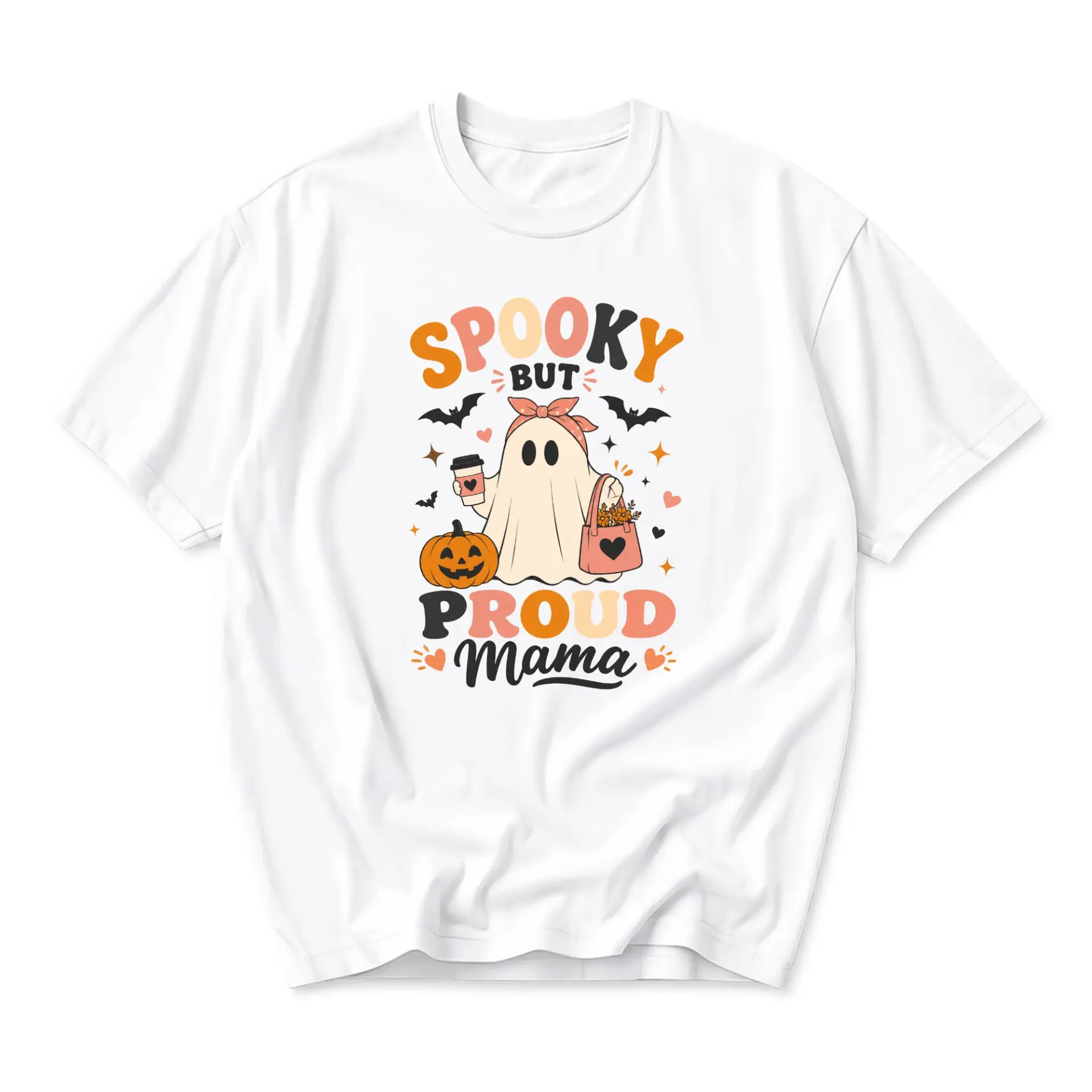 Graphic Tee Spooky but Proud Mama Ghost Pumpkin Coffee Shirt Casual Unisex Short Sleeve Crew Neck Cotton Blend Top