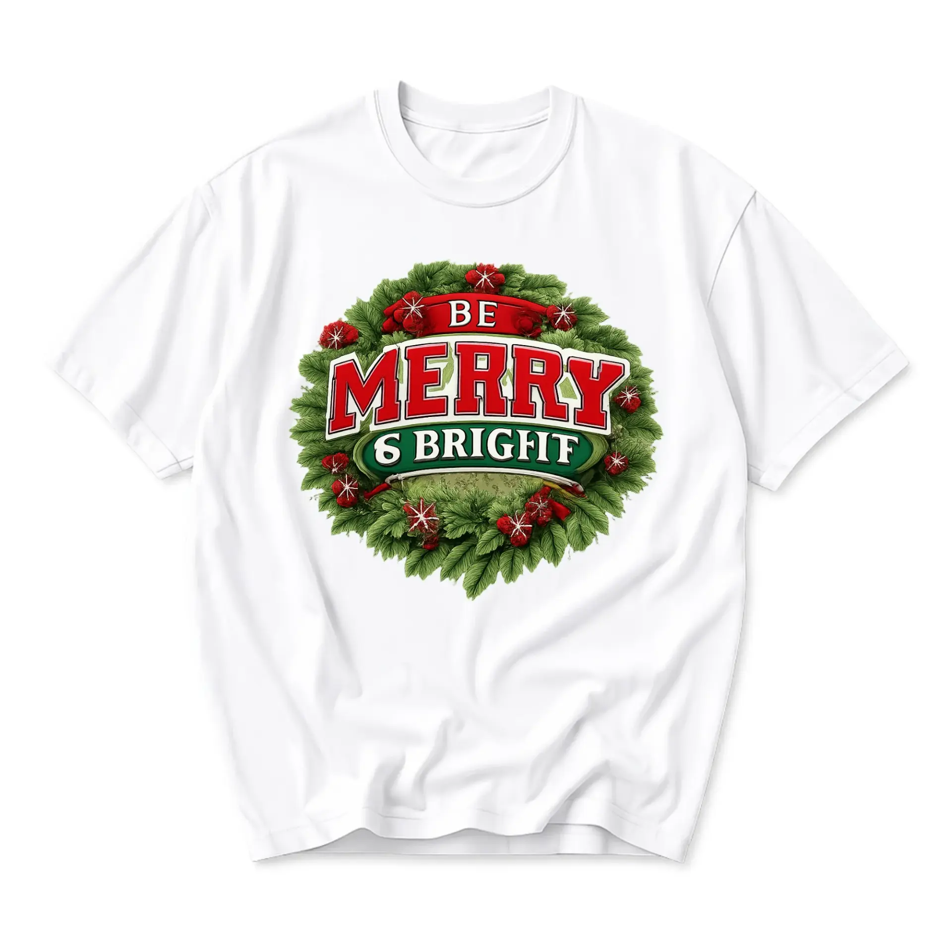 Funny Shirt and Bright Christmas Wreath Graphic Tee Unisex Crew Neck Casual Holiday Apparel for Men Women