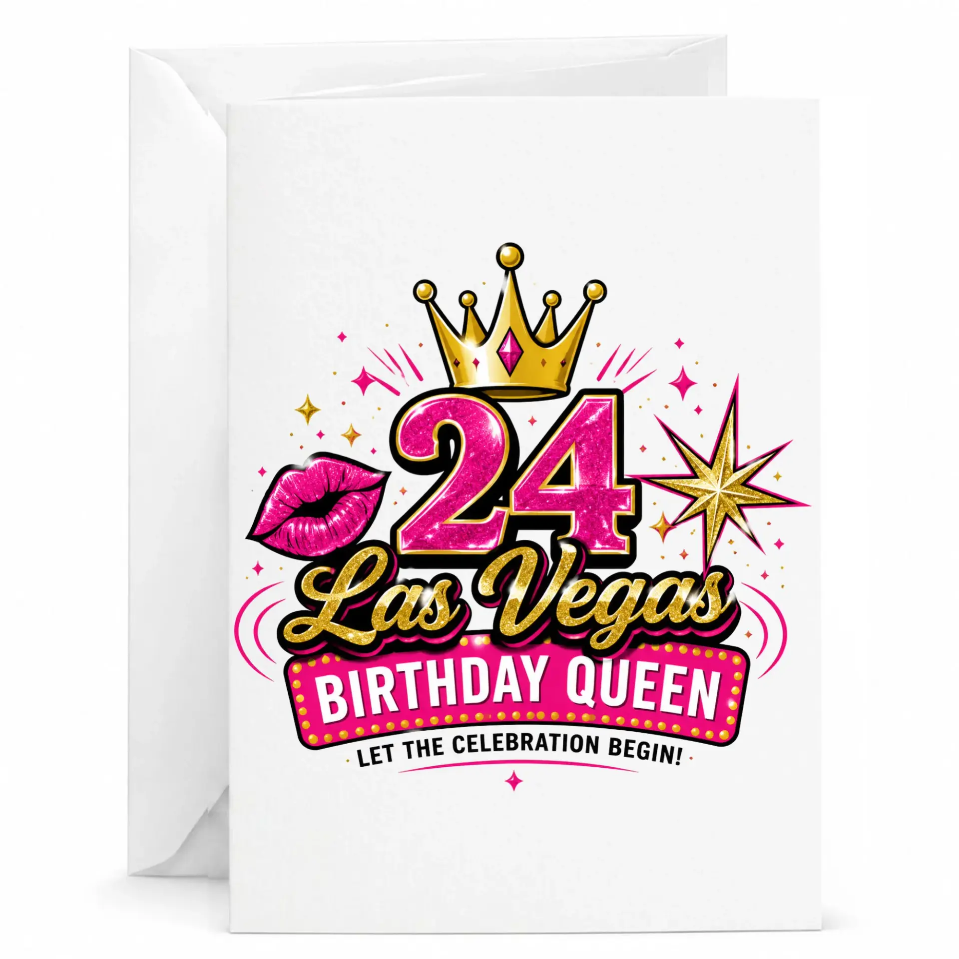 Birthday Card for 24th Birthday Celebration Las Vegas Themed Party Queen Design Folded Greeting Card with Envelope