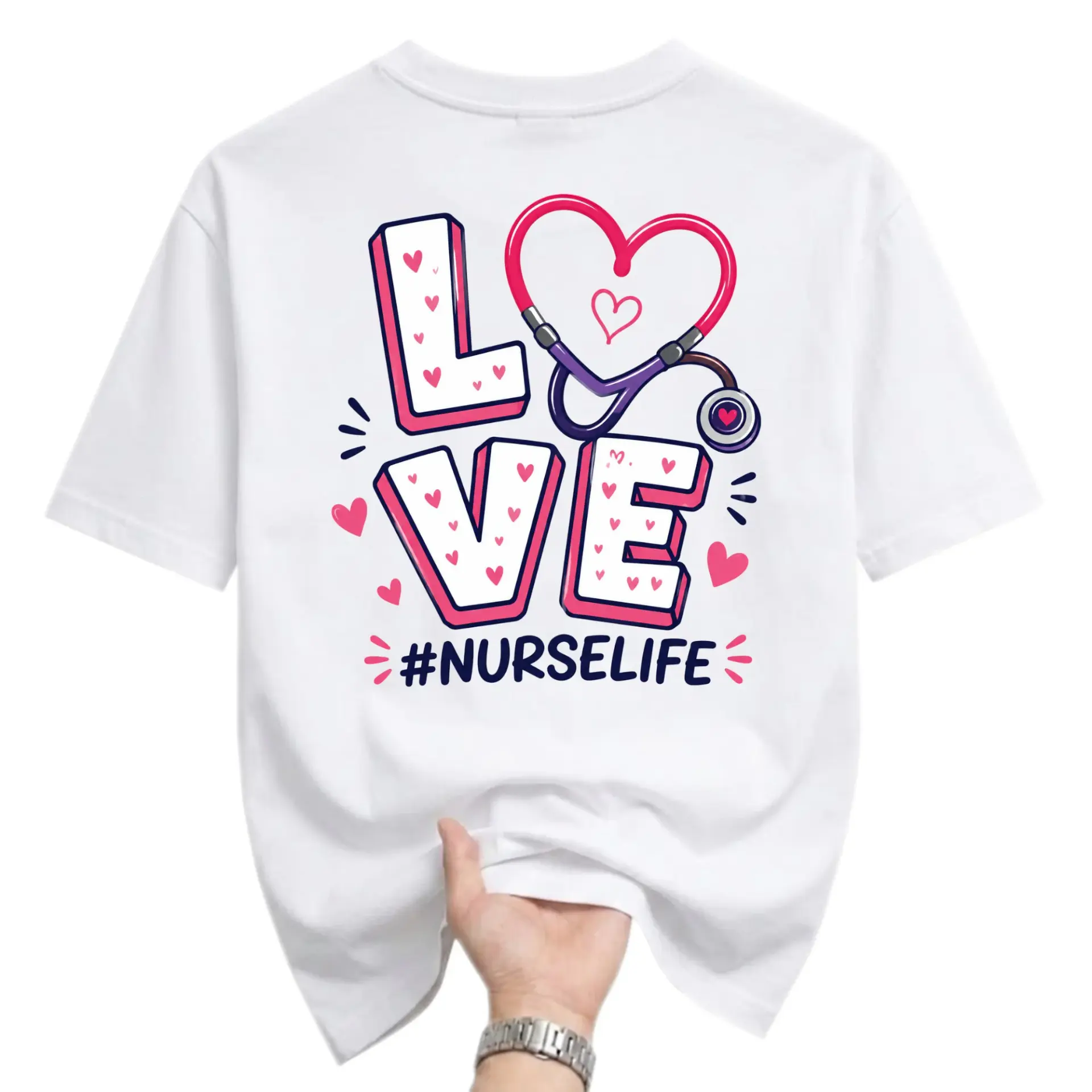 Graphic Tee Love Stethoscope Nurse Life Print Unisex Crew Neck Shirt for Casual Everyday Wear and Medical Professionals