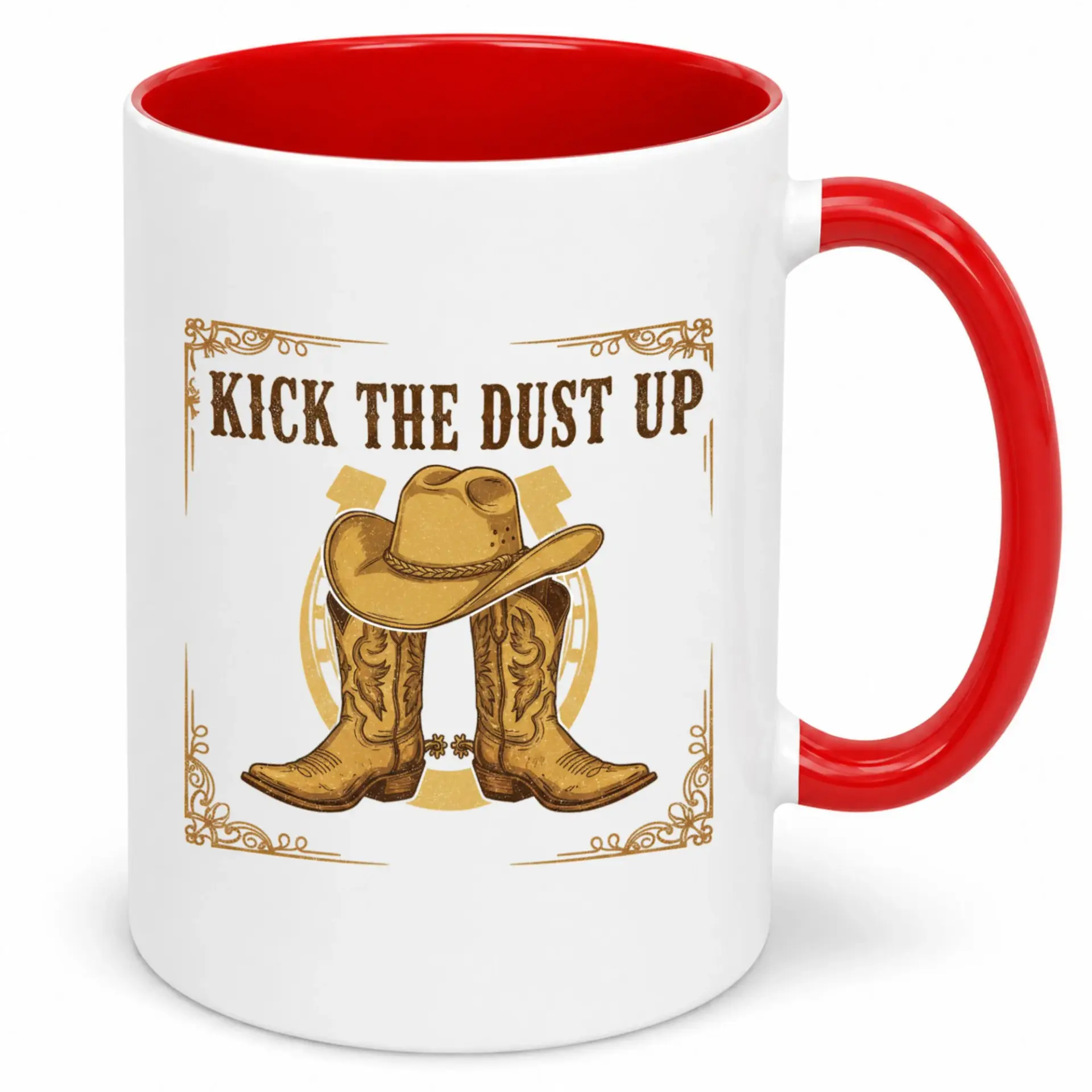 Funny Coffee Mug with Kick the Dust up Design Cowgirl Hat and Boots Ceramic Cup for Ranch Enthusiasts