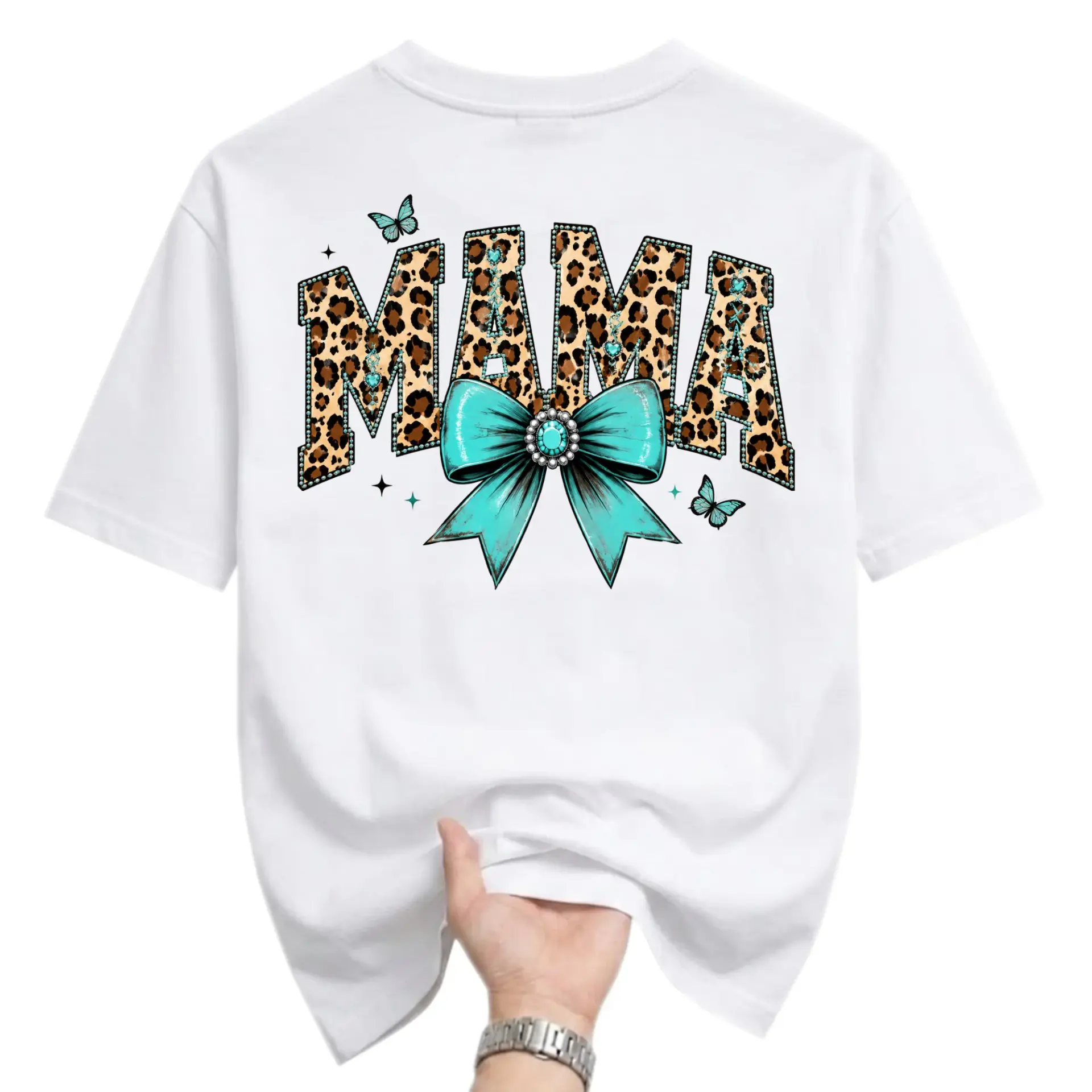 Graphic Tee Mama Leopard Print Bow Design Unisex Cotton Crew Neck Casual Shirt Comfortable Everyday Apparel White Top
