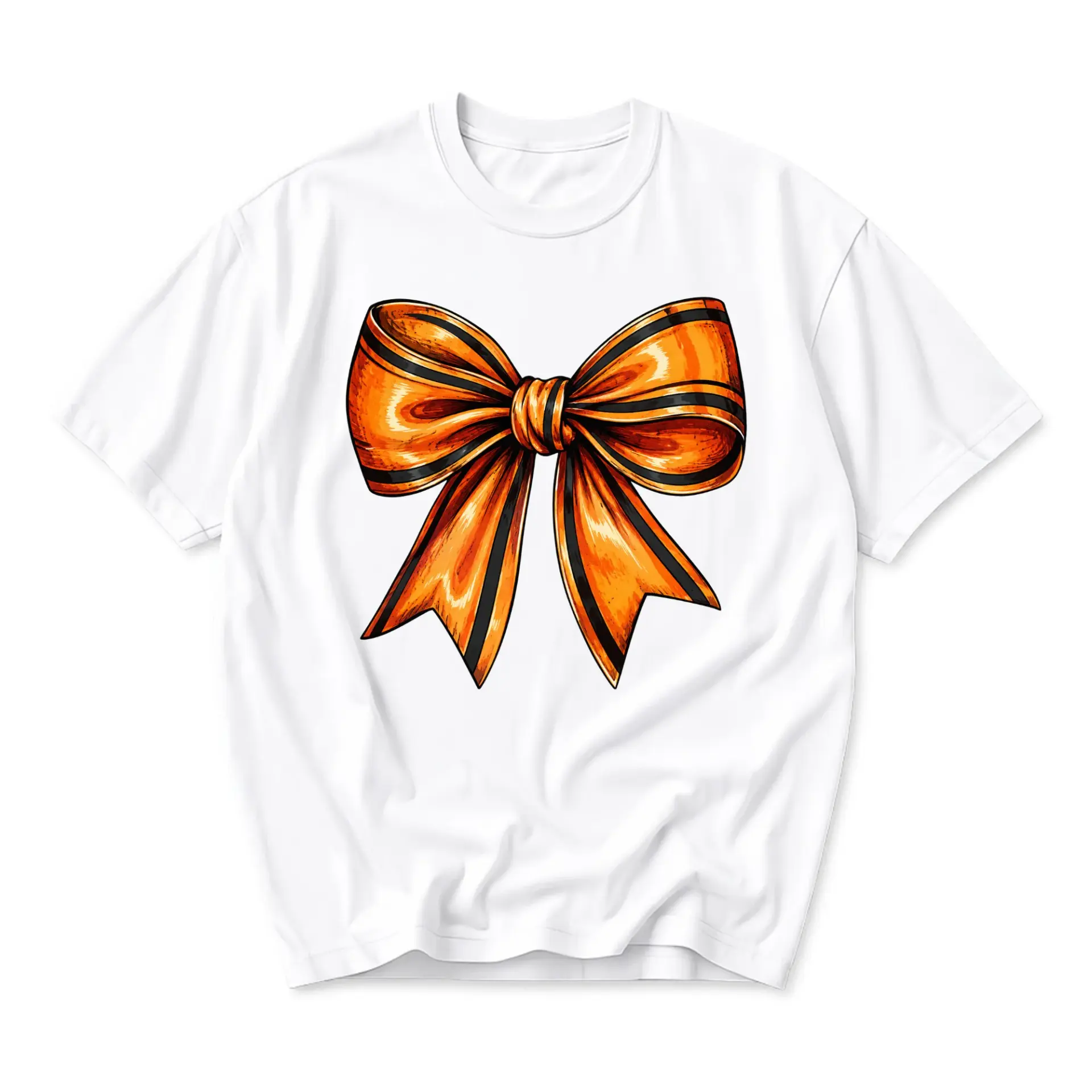 T-shirt Graphic Tee Featuring Artistic Orange and Black Ribbon Bow Illustration for Casual Everyday Comfort Wear