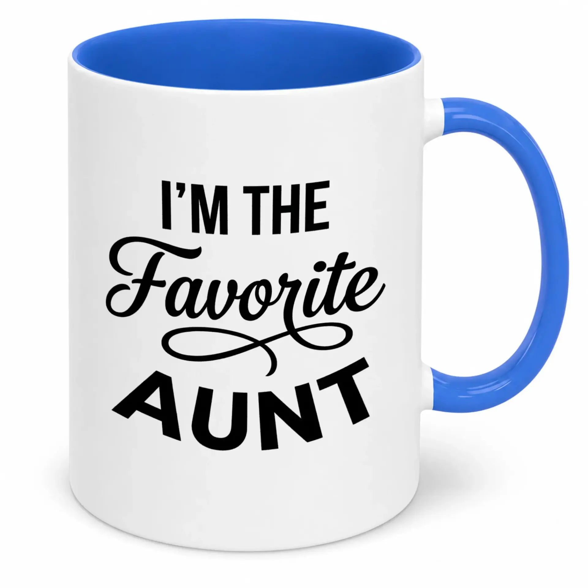 Funny Coffee Mug for Favorite Aunt with Blue Handle and Interior - Unique Ceramic Cup for Aunts, Family, and Loved Ones, Great Gift Idea