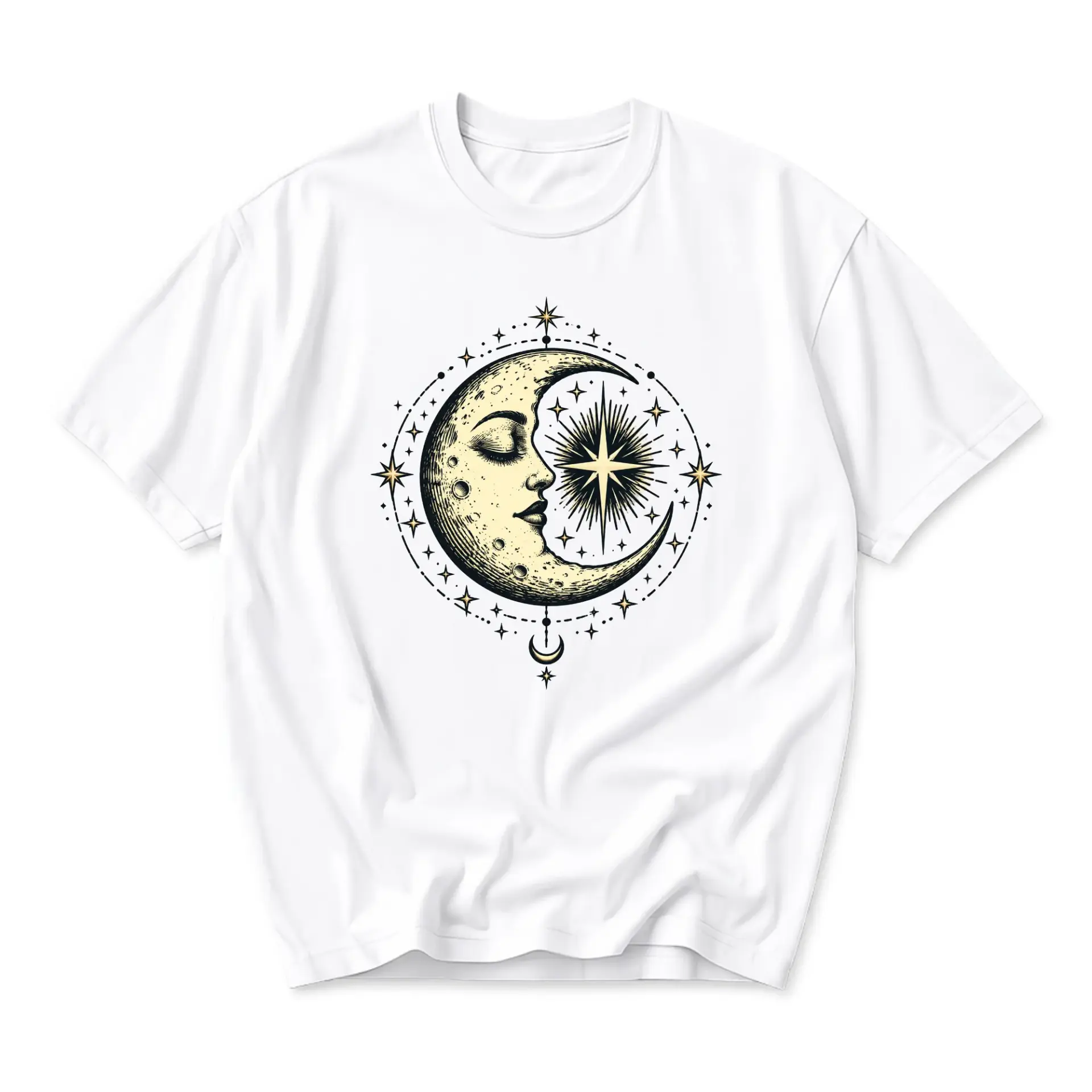 Graphic Tee Celestial Moon and Star Design Unisex Crew Neck Short Sleeve Soft Cotton Casual Everyday Apparel