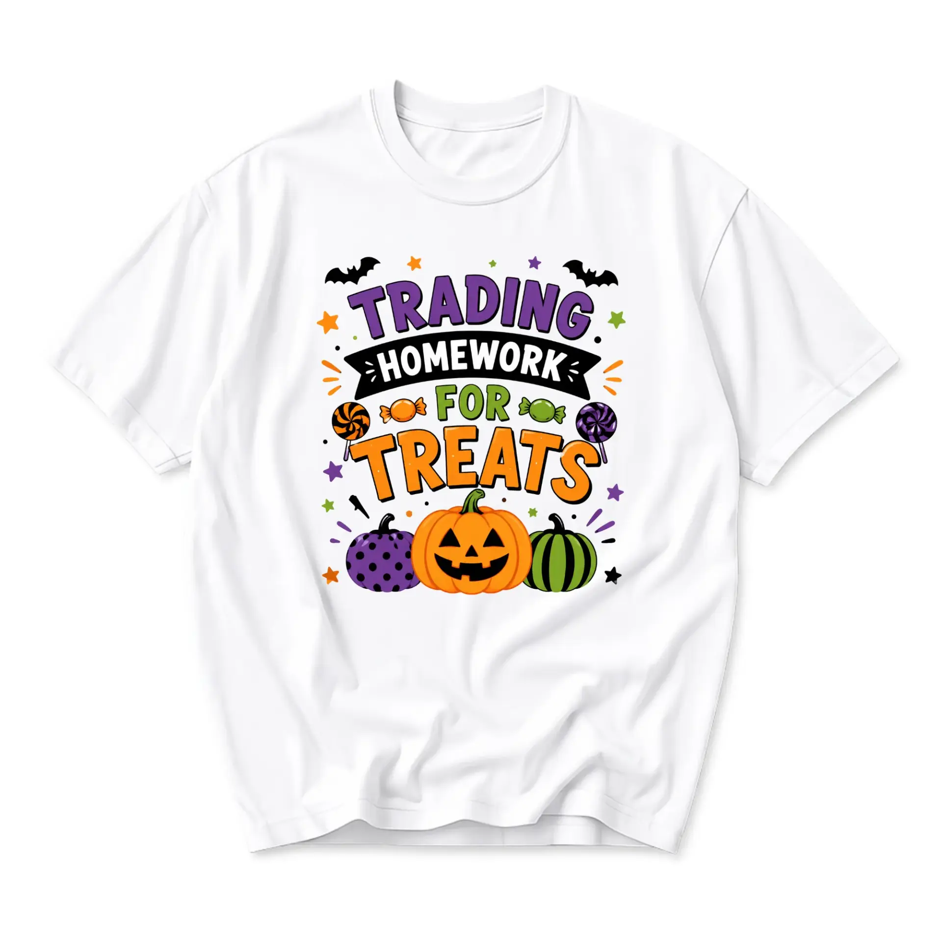 Graphic Tee Trading Homework for Treats Unisex Cotton T-Shirt Funny Seasonal Fall Holiday Apparel Crew Neck Top