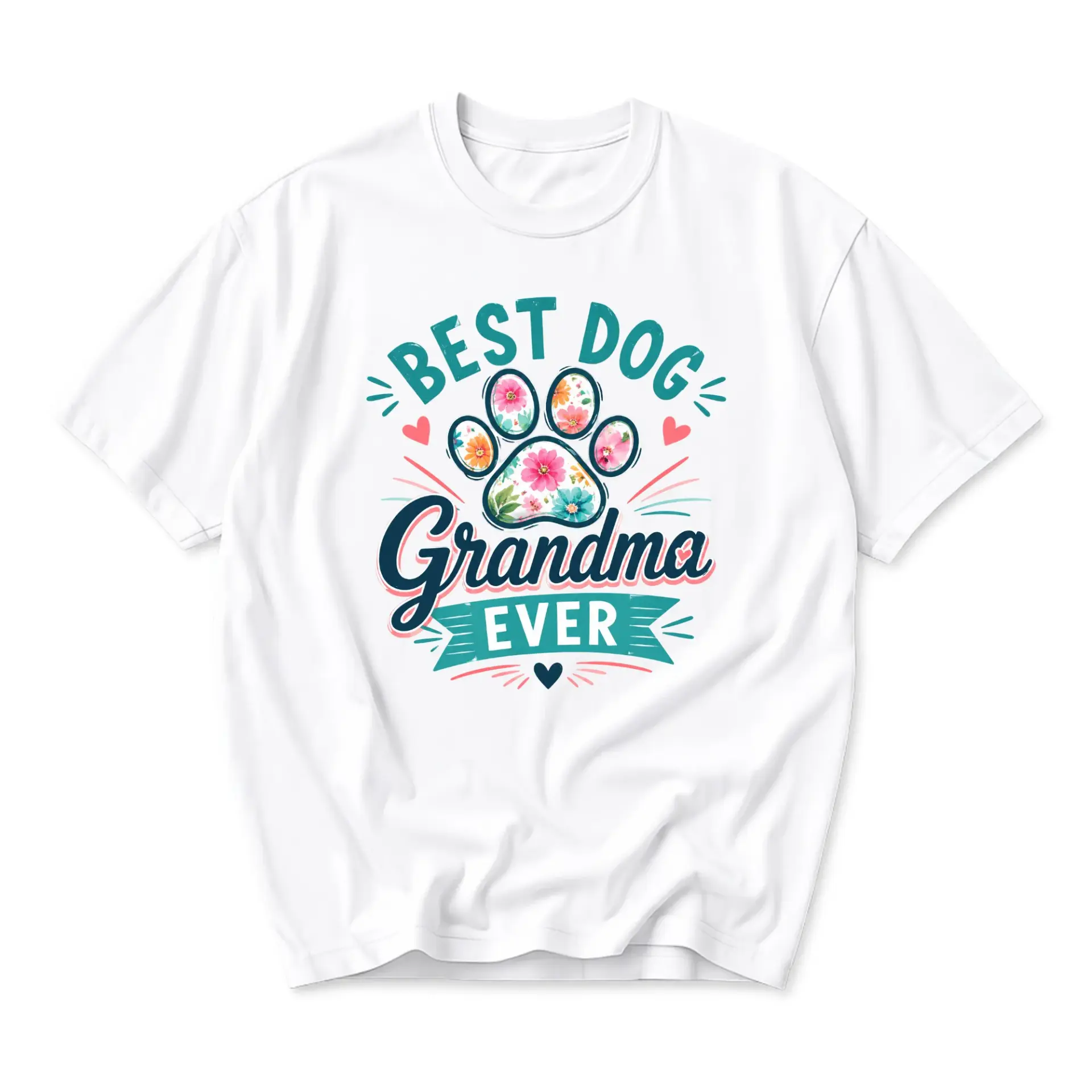 Graphic Tee Best Dog Grandma Ever Floral Paw Print Casual Unisex Crew Neck