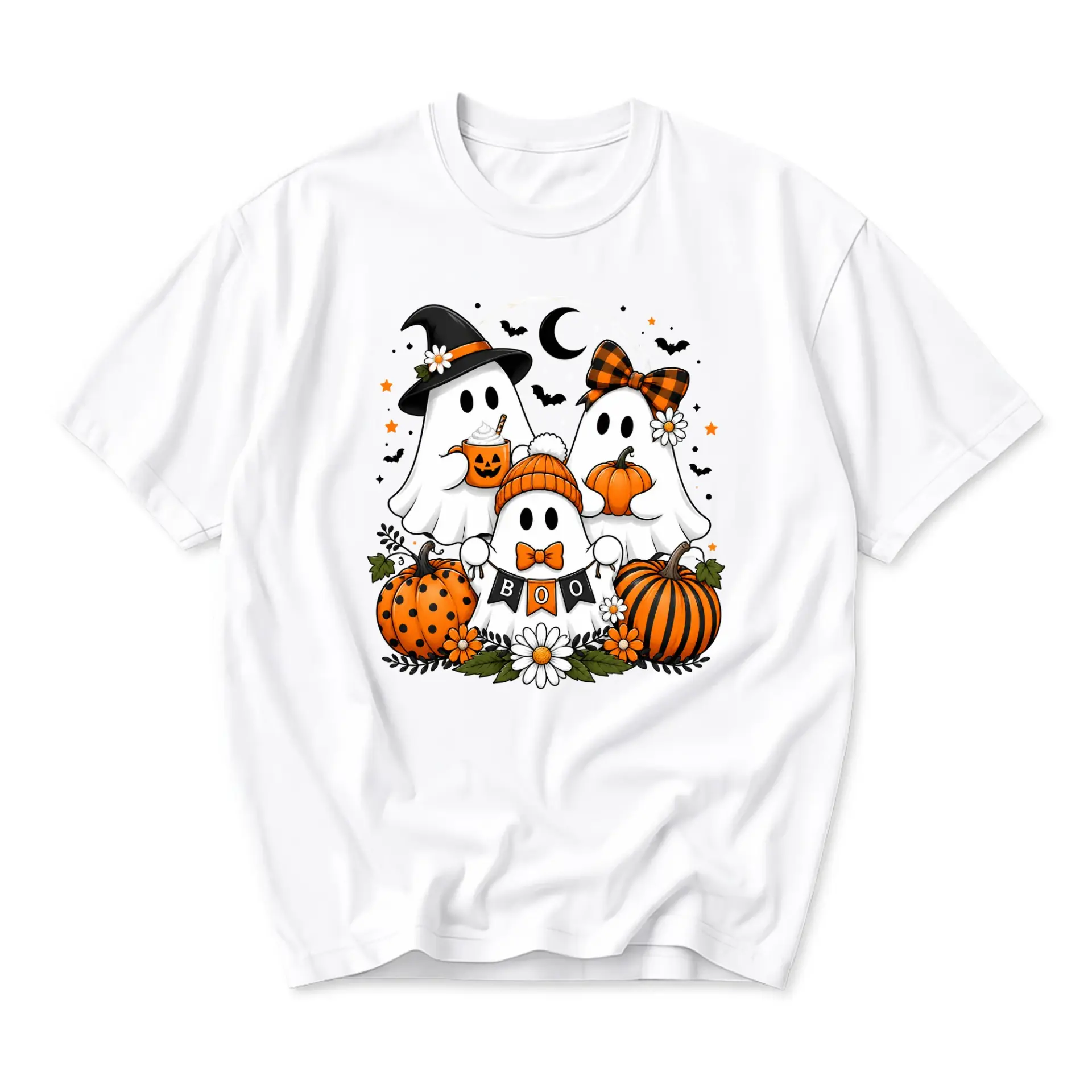 Graphic Tee Cute Ghosts with Pumpkins Fall Halloween Unisex Crew Neck Casual Everyday Short Sleeve Cotton Shirt