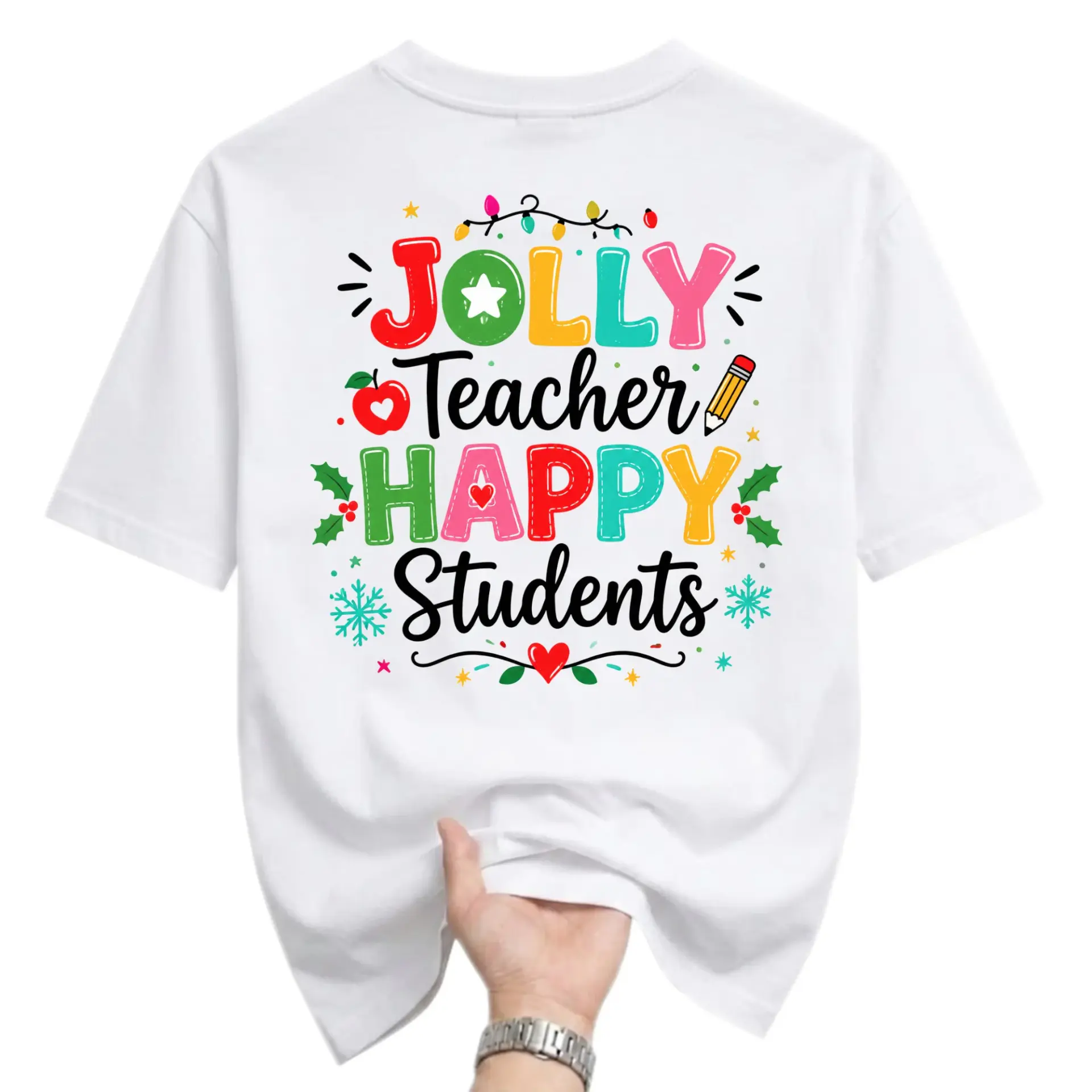 Graphic Tee Jolly Teacher Happy Students Holiday Apparel Unisex Crew Neck Short Sleeve Casual Shirt for Festive Seasons