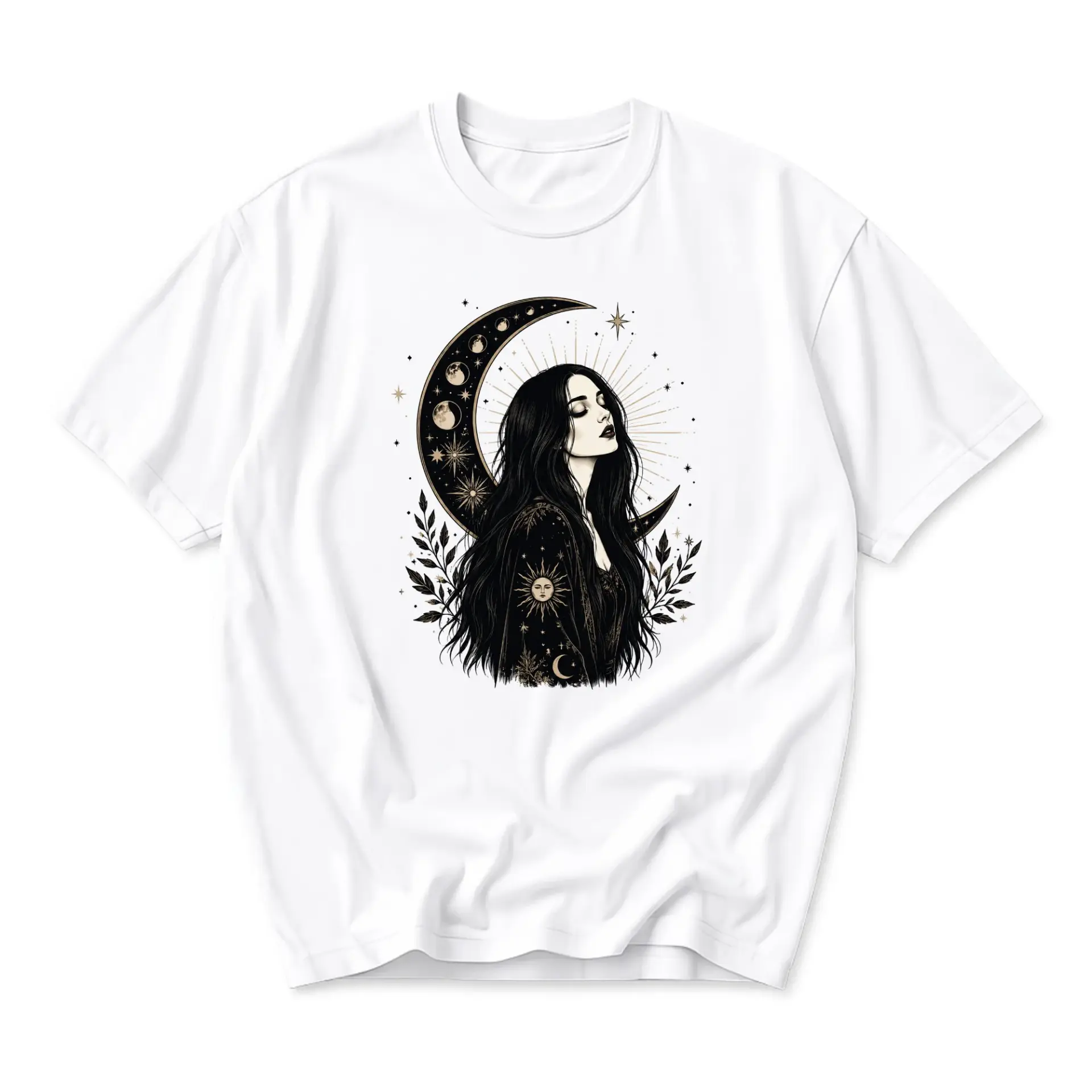 Graphic Tee Celestial Moon Goddess Print Unisex Crew Neck Shirt Comfortable Casual Everyday Apparel Aesthetic Design