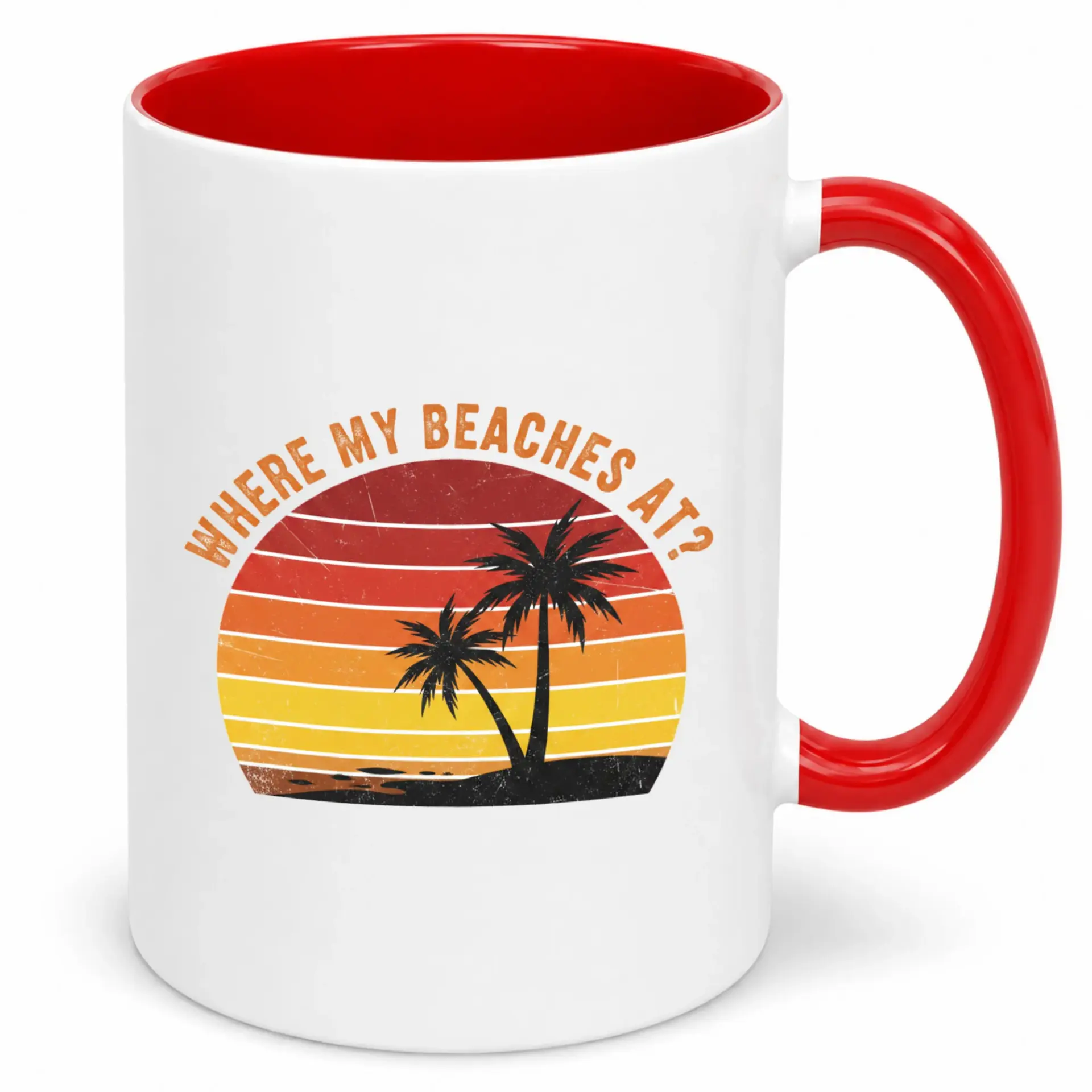 Funny Beach Coffee Mug with Palm Trees and Sunset Design, Tropical Vacation Ceramic Tea Cup Gift for Friends and Coworkers