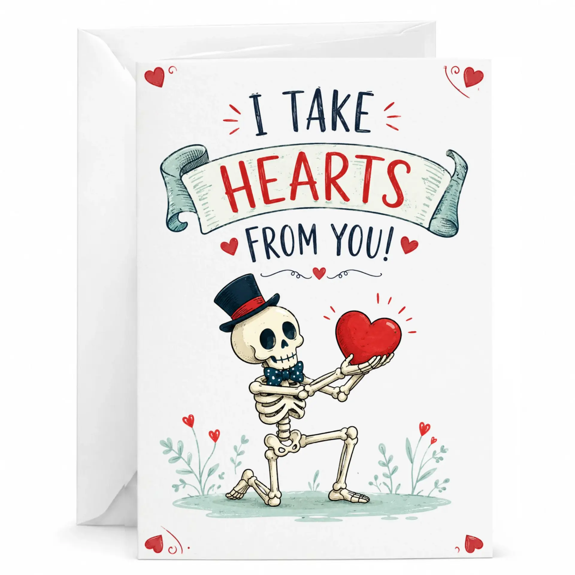 Funny Skeleton Love Greeting Card Whimsical Illustration Anniversary or Valentine Stationery with Envelope