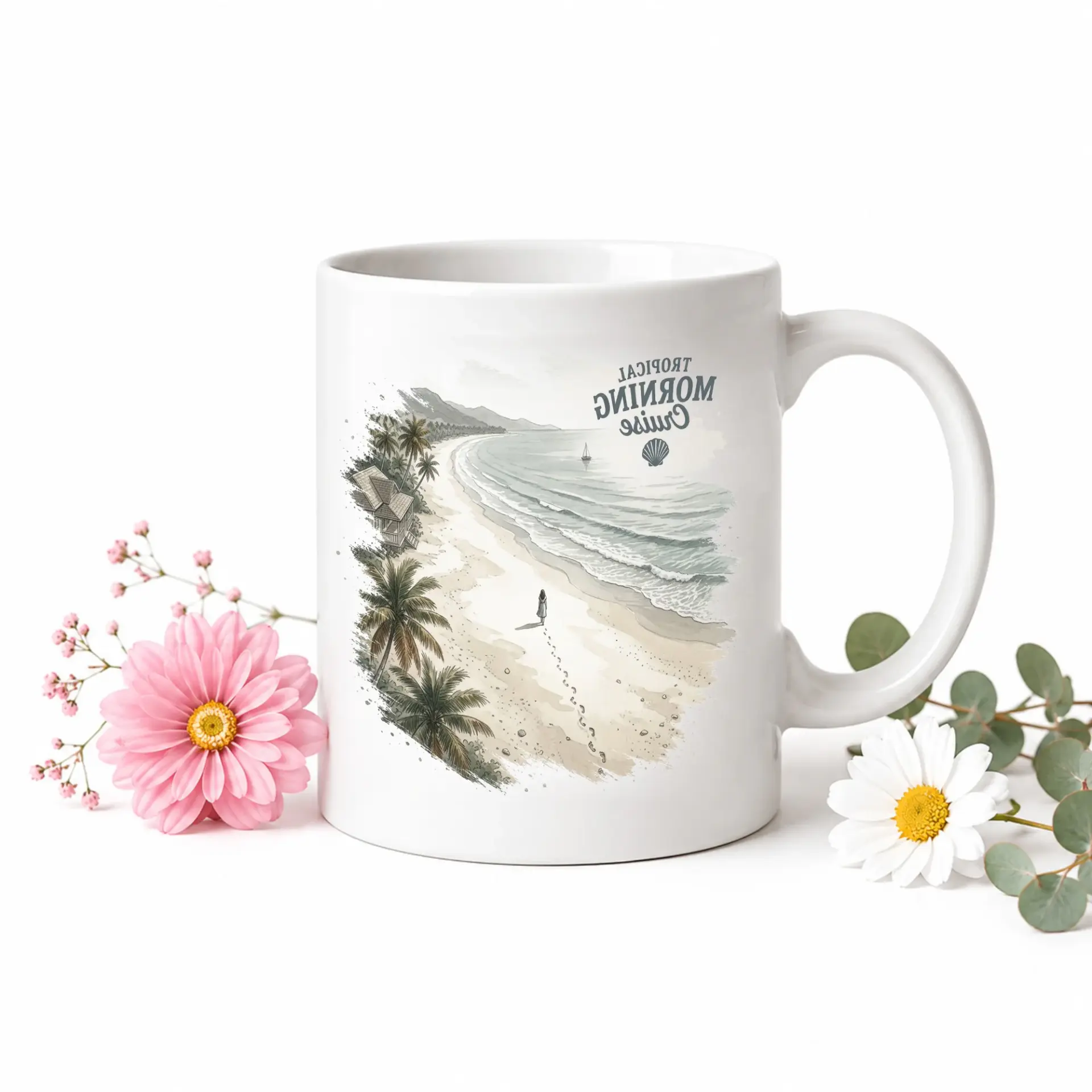 Tropical Morning Cruise Coffee Mug Ceramic Beverage Cup with Vibrant Blue Accent Handle for Daily Kitchen or Office Use