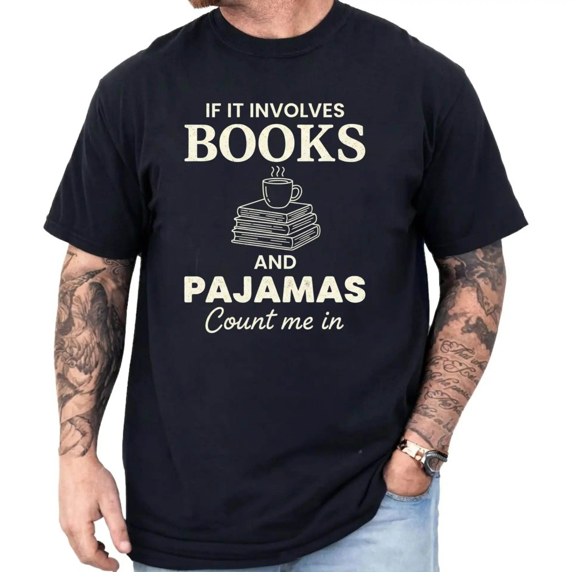 Funny Graphic Tee If It Involves Books and Pajamas Quote Shirt Casual Reading Lover Apparel Unisex Crew Neck Top