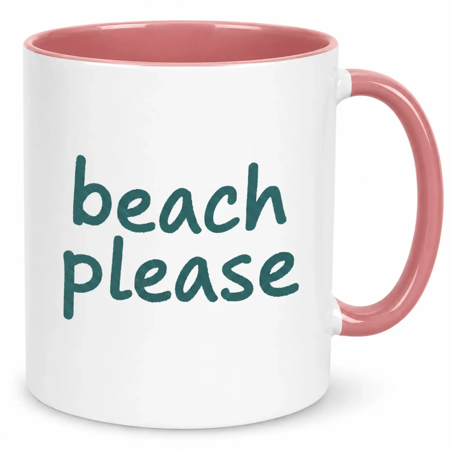 Funny Beach Please Ceramic Coffee Mug with Pink Handle and Interior, Humorous Vacation Themed Drinkware for Home and Office