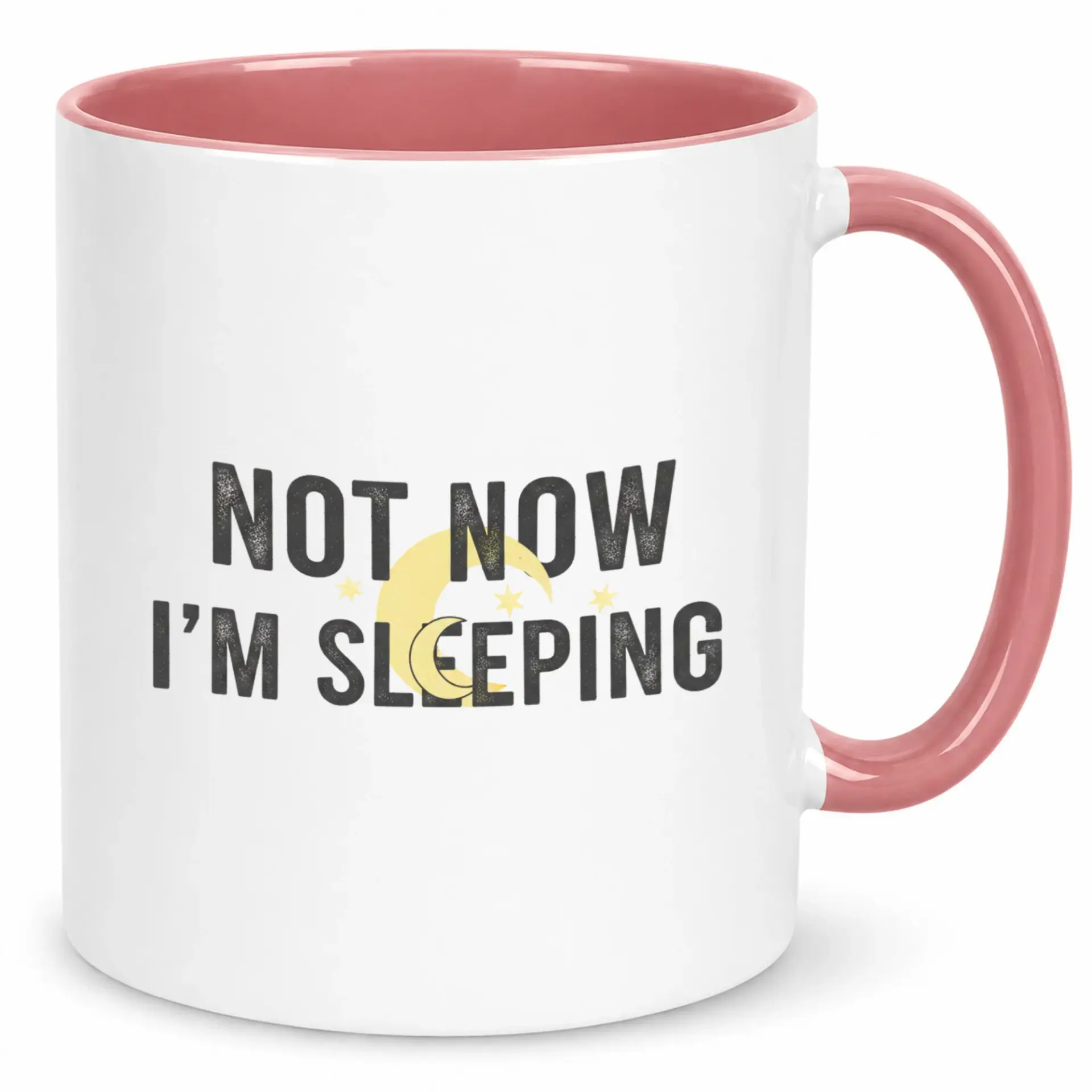 Funny Coffee Mug Not Now I'm Sleeping Design, Ceramic Tea Cup with Moon and Stars, White and Pink Accent, Unique Beverage Holder for Home or Office