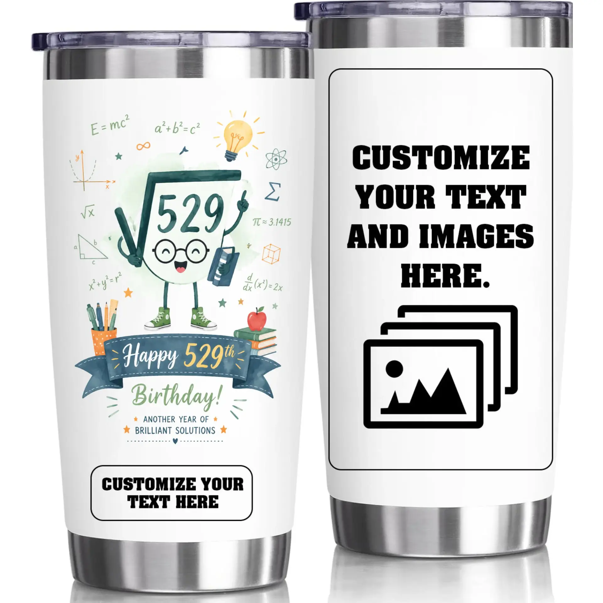 Stainless Steel Tumbler 20oz Personalized Math Theme Travel Cup Custom Birthday Gift for Teachers and Students White
