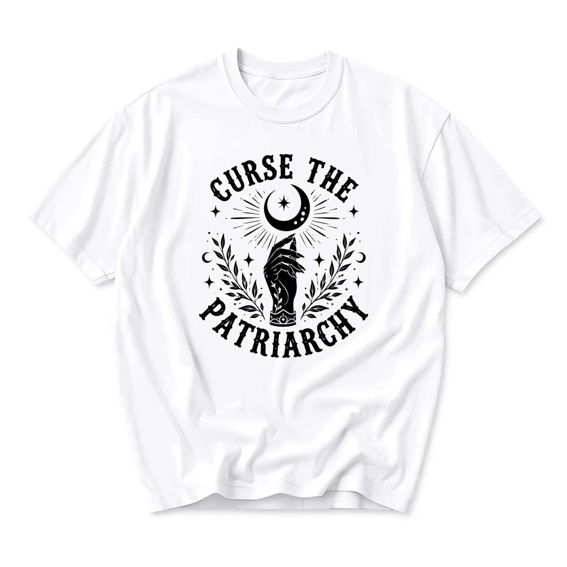 Graphic Tee Curse the Patriarchy Celestial Moon Hand Illustration Unisex Cotton Crew Neck Short Sleeve Casual Shirt