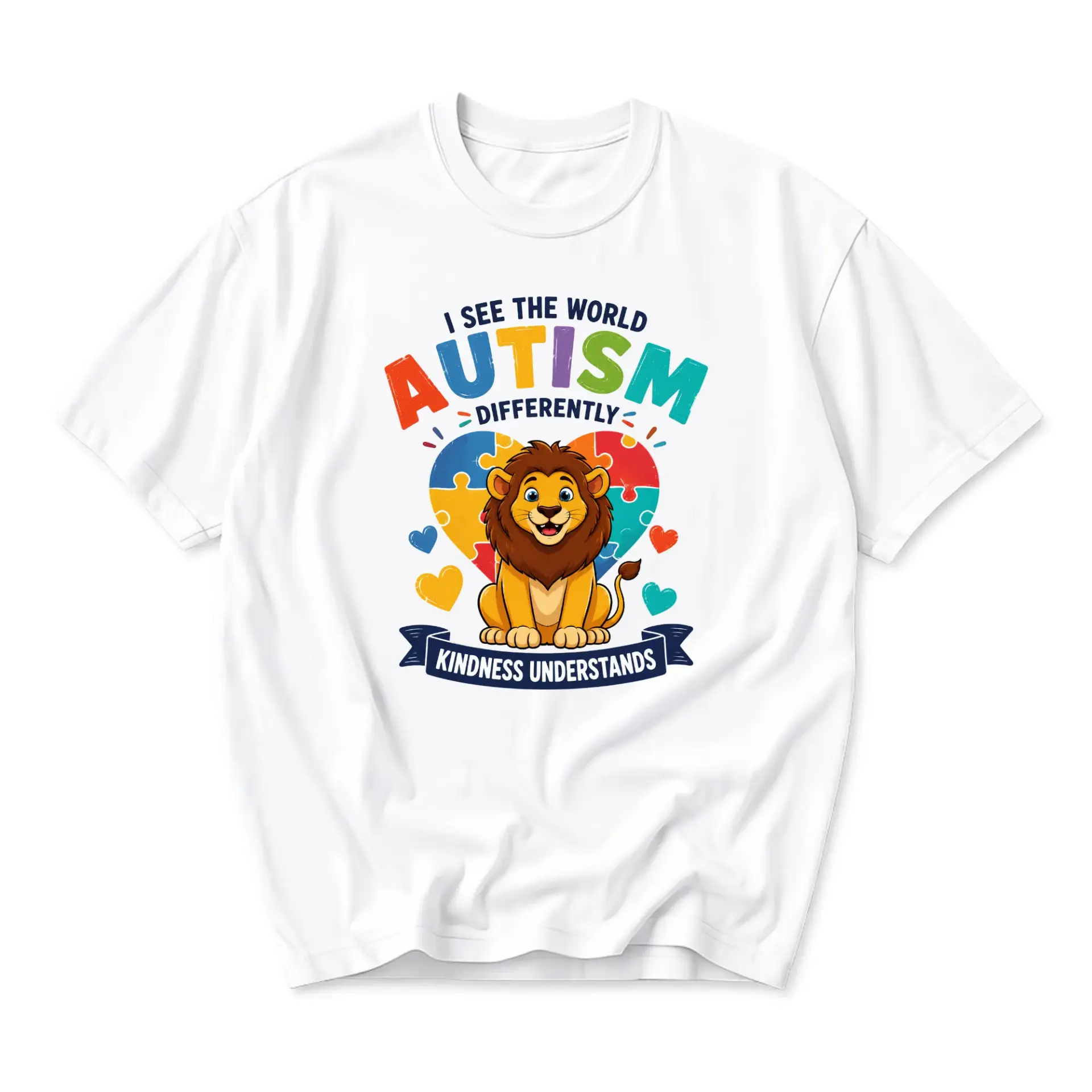 Graphic Tee Unisex Crew Neck Short Sleeve Shirt Autism Awareness Design Featuring Cute Lion and Colorful Heart Puzzle
