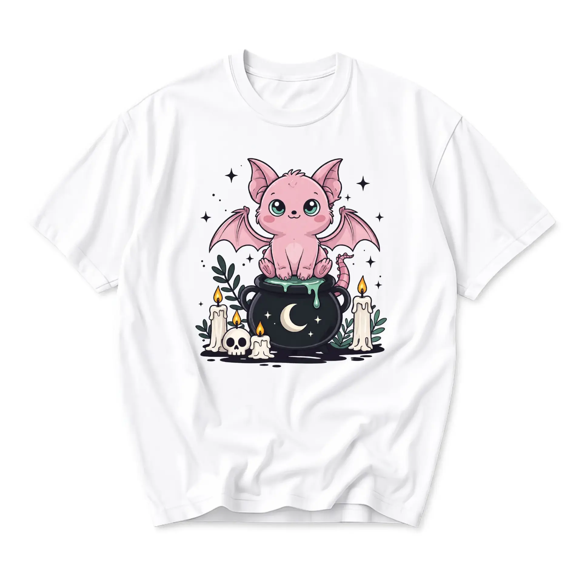 T-shirt Unisex Graphic Printed Tee Cute Pink Bat Creature Sitting on a Magical Cauldron with Candles and Skull Illustration