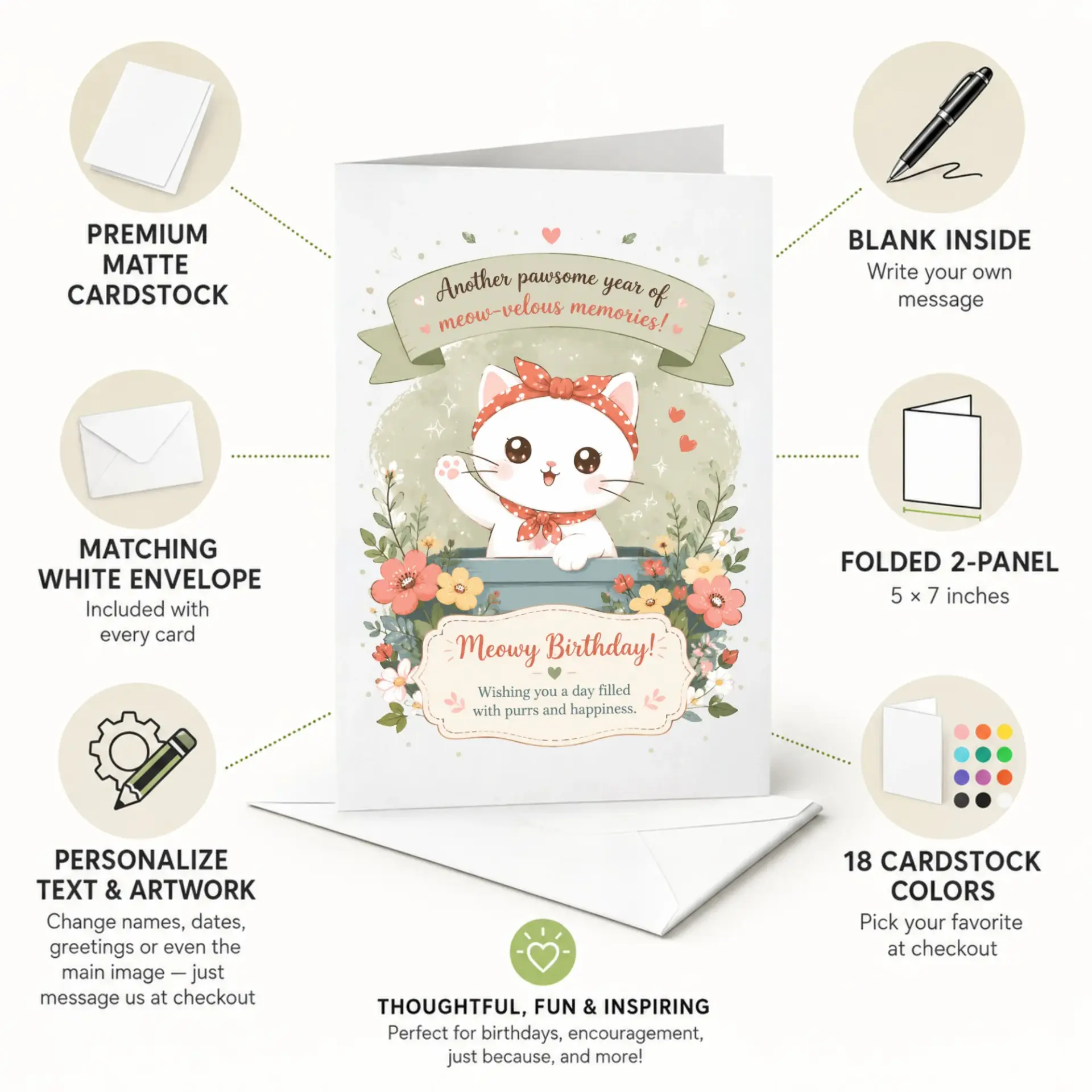 Birthday Card Cute Cat Illustration Greeting Card for Pet Lovers Featuring Adorable Kitten and Floral Accents
