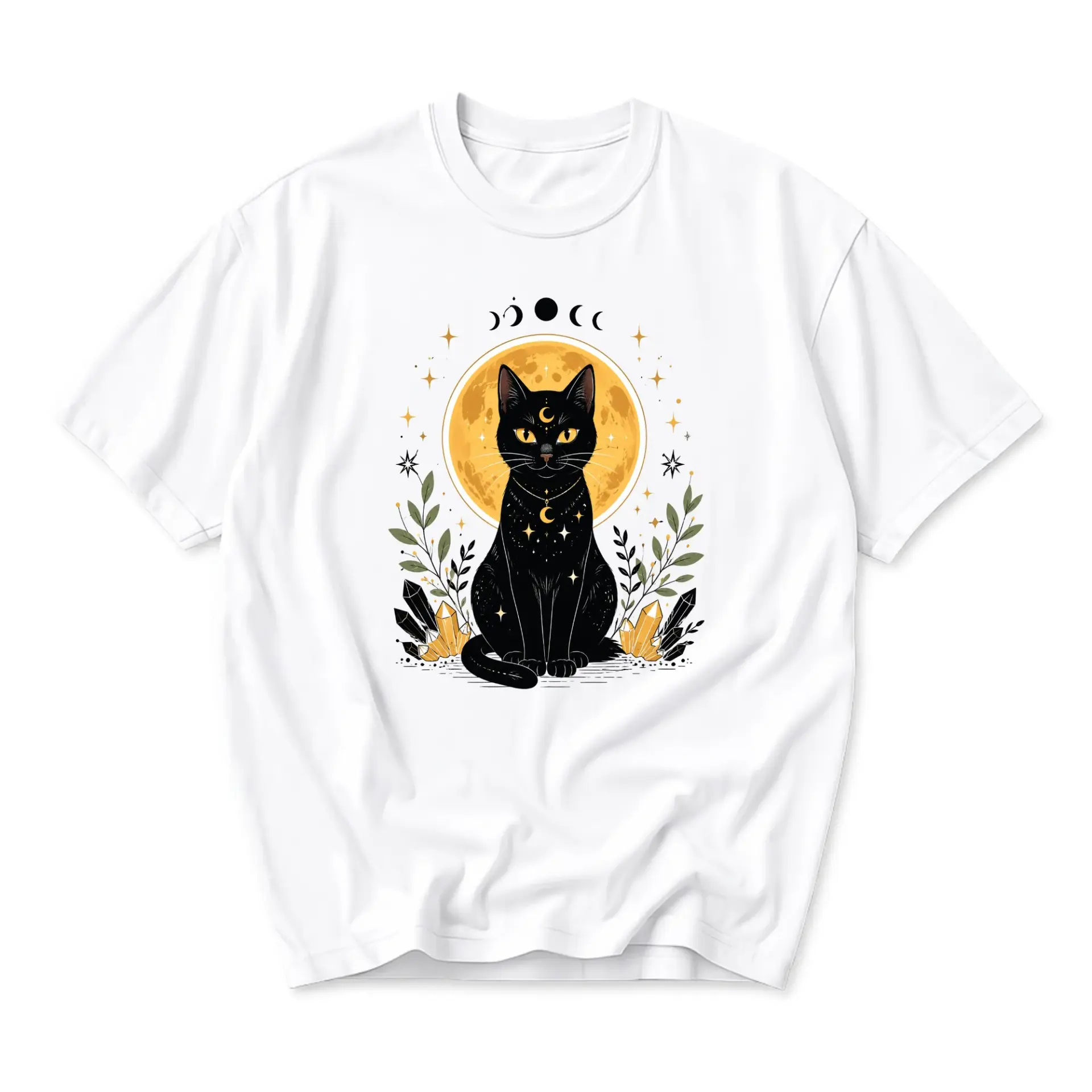 Graphic Tee Celestial Black Cat Moon Stars Print Unisex Casual Crew Neck Comfortable Short Sleeve Cotton Shirt