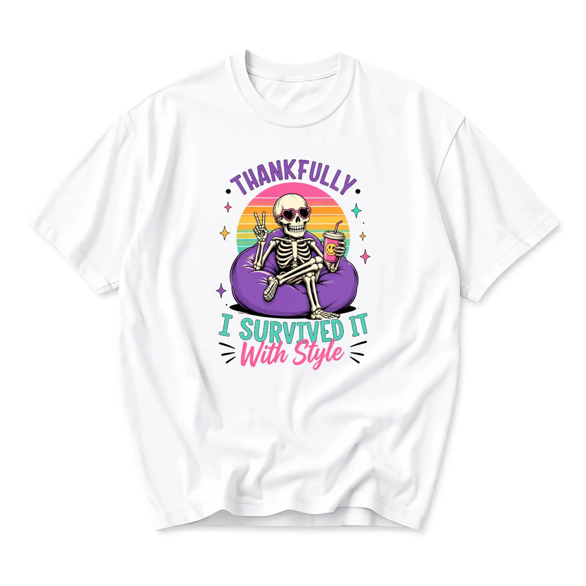 Funny Shirt Unisex Graphic Printed T-Shirt Retro Skeleton Illustration with Positive Vibe Relaxed Fit Cotton Top