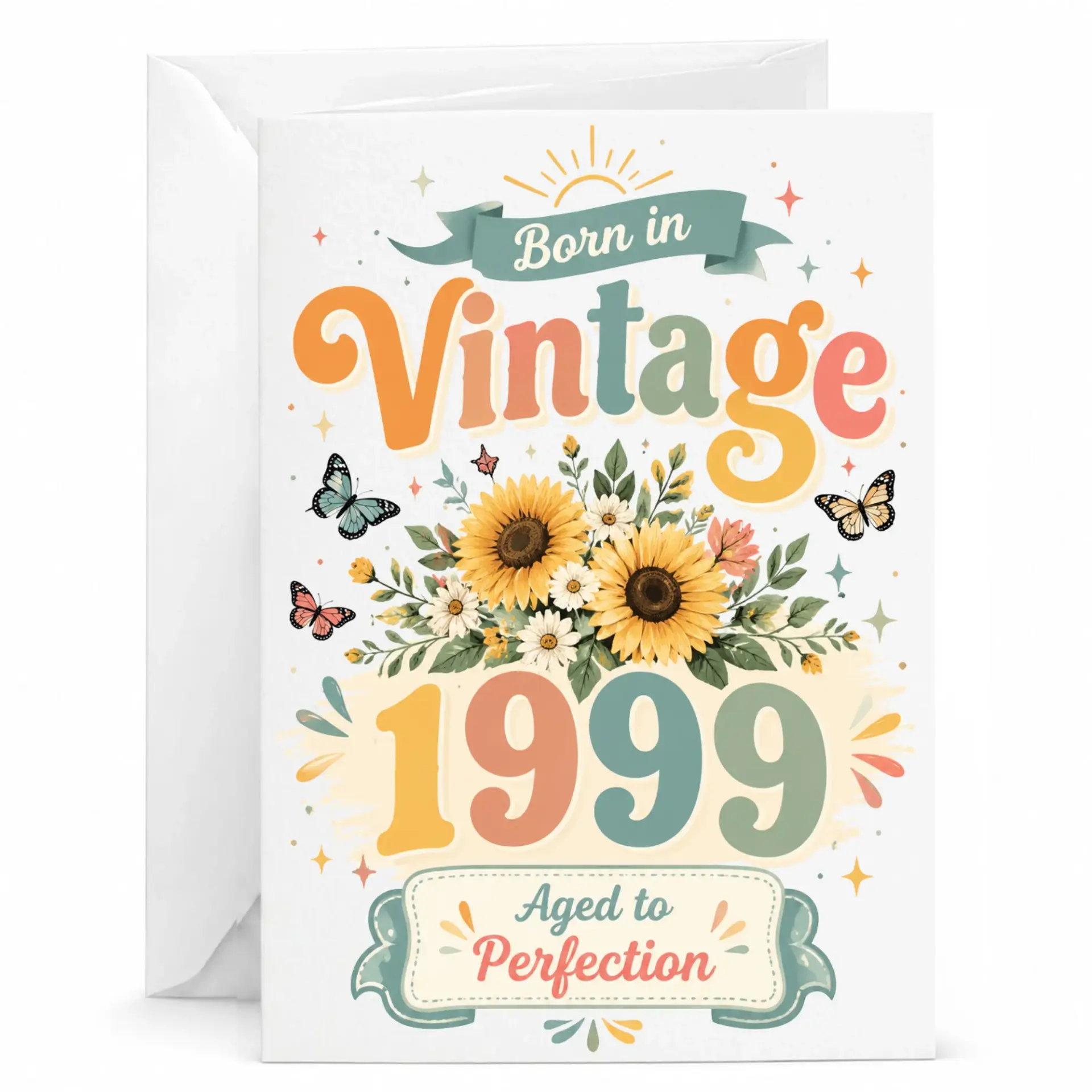Birthday Card Born in Vintage 1999 Aged to Perfection Greeting Card with Envelope for Retro Celebration and Milestone