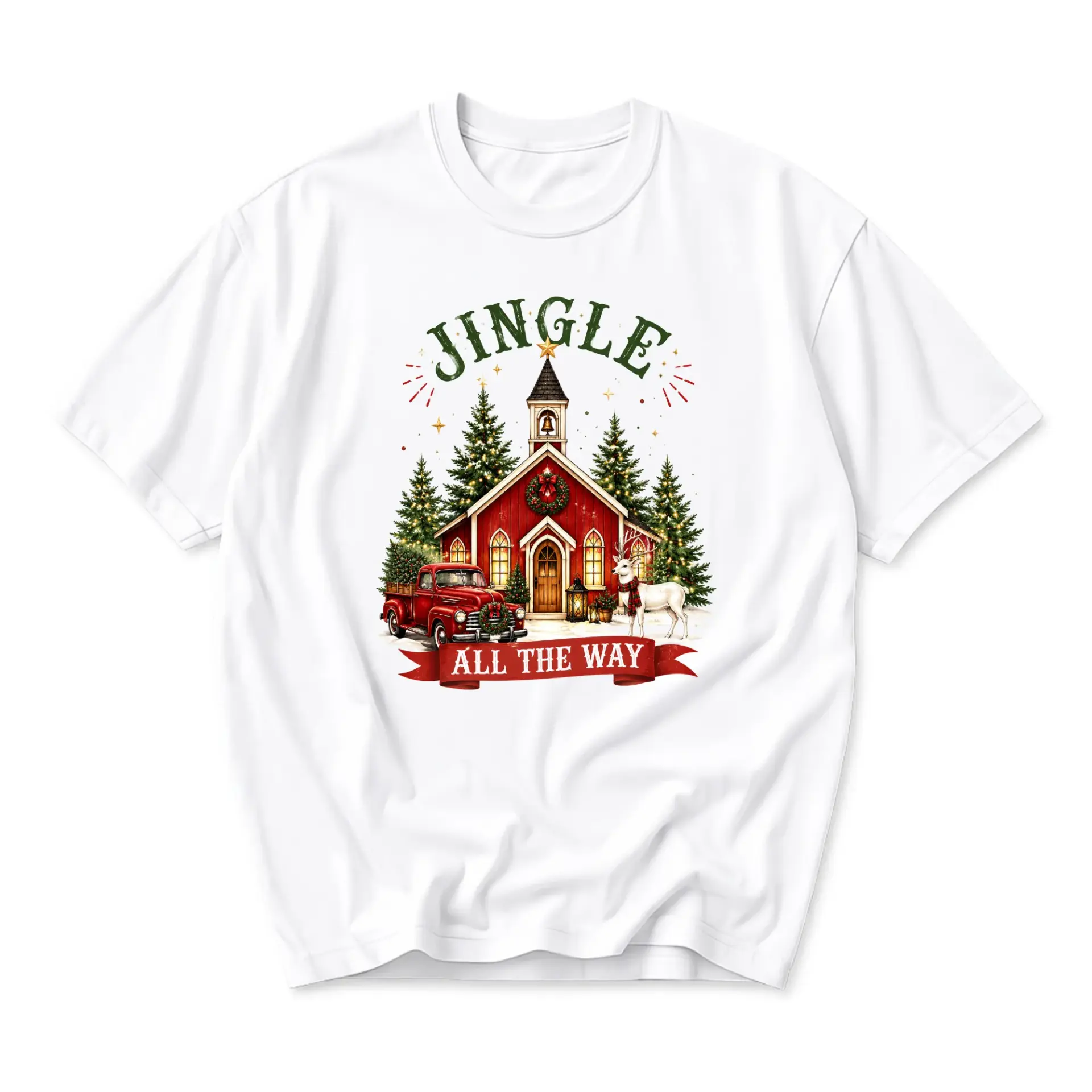 Graphic Tee Jingle All the Way Christmas Shirt Vintage Holiday Church Truck Reindeer Apparel Unisex Crew Neck Top