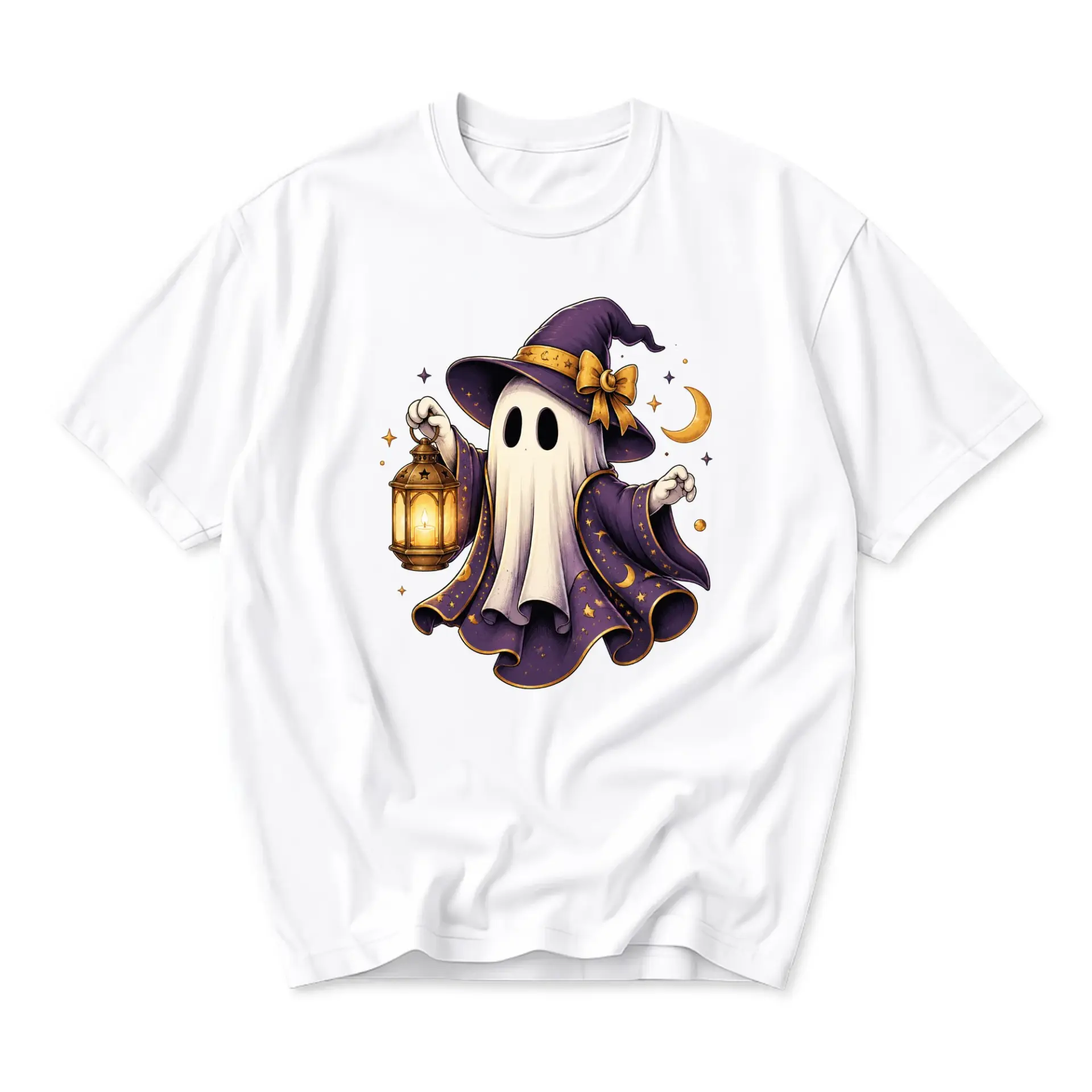 Graphic Tee Unisex Casual Shirt Featuring Cute Ghost Wizard Holding a Lantern Illustration for Everyday Comfortable Wear