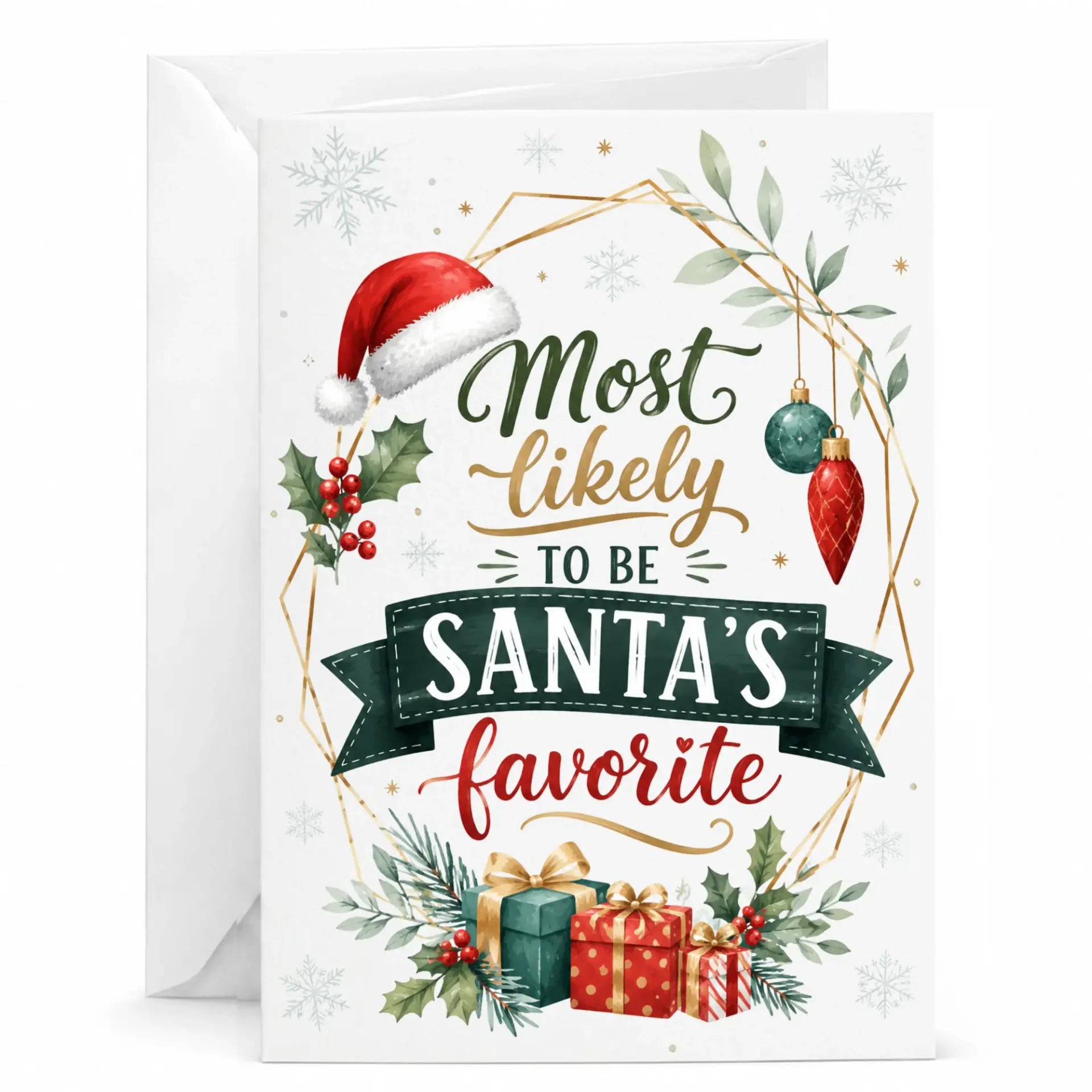 Funny Christmas Greeting Card Most Likely to Be Santa’s Favorite Holiday with Envelope for Friends and Family
