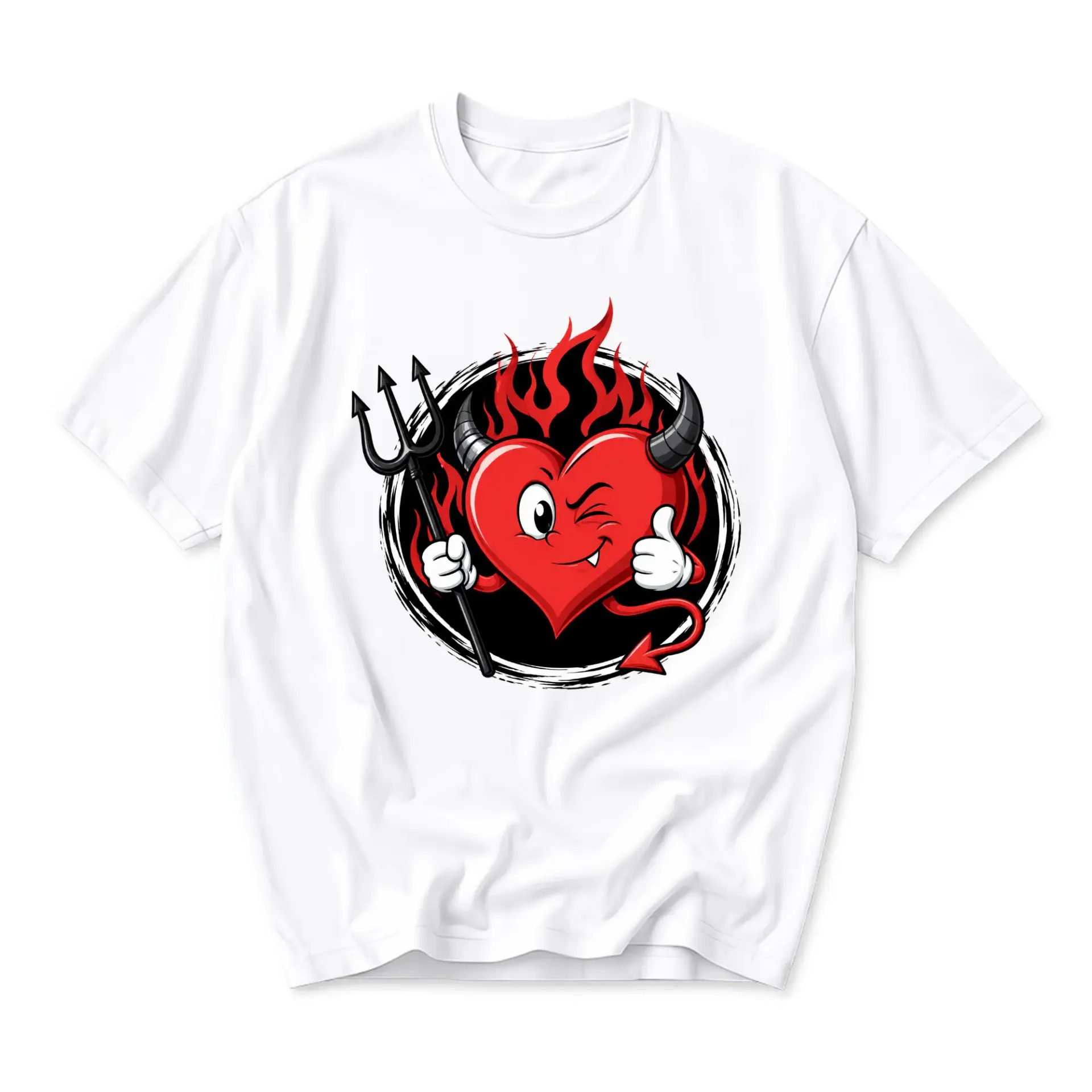 Funny Shirt Devil Heart Graphic Tee Cartoon Character Wicked Expression Casual Crew Neck Unisex Cotton Blend T-Shirt
