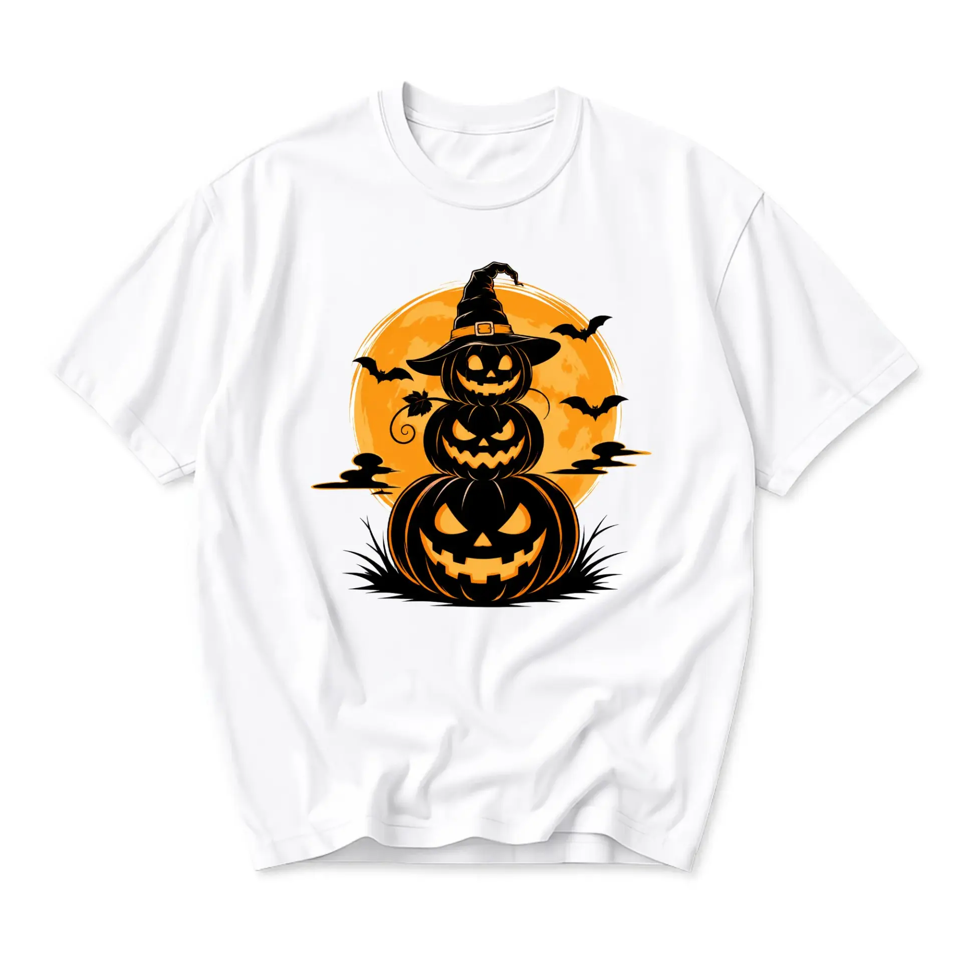 Funny Shirt Featuring a Stack of Three Spooky Halloween Jack-O-Lantern Pumpkins in Front of a Large Glowing Orange Moon