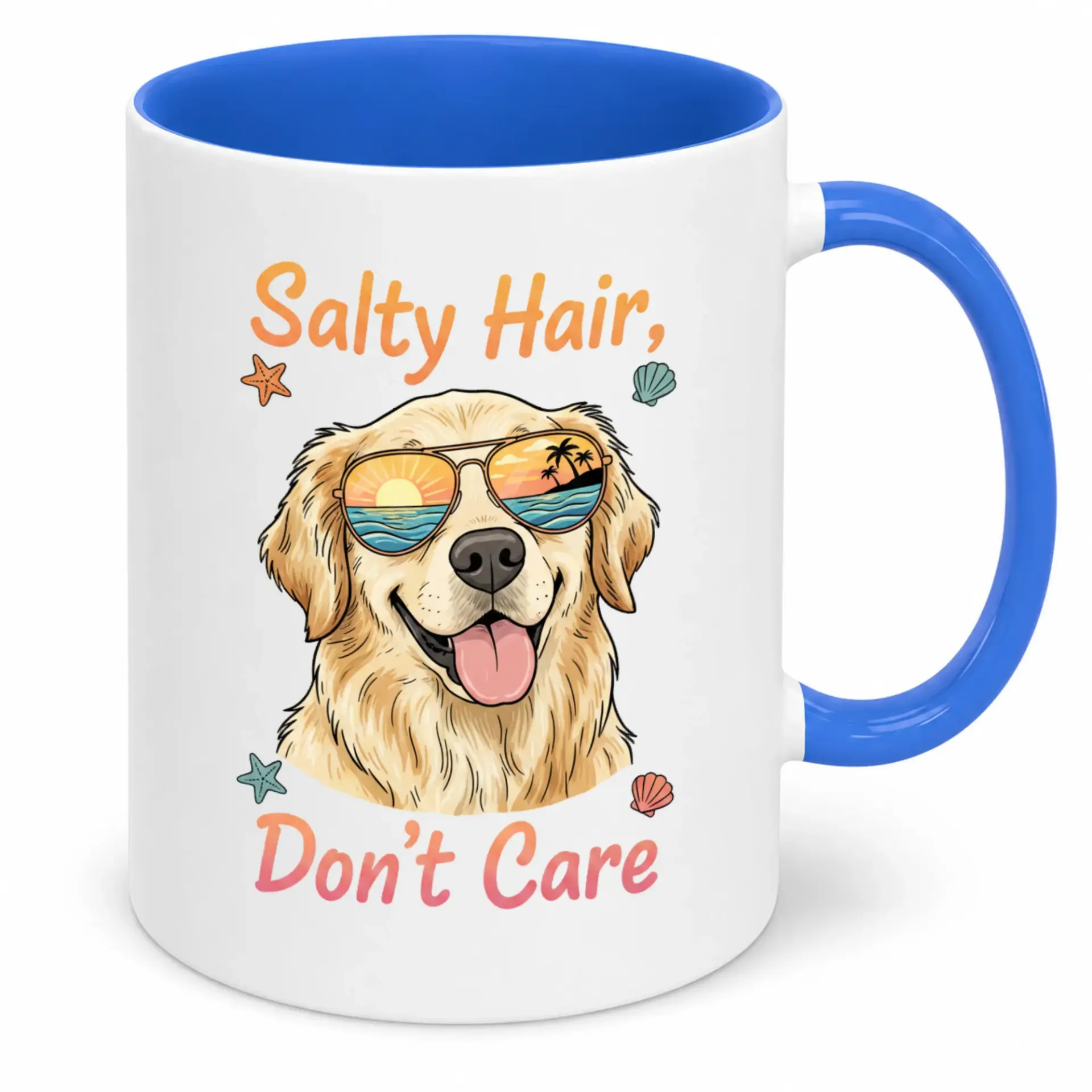 Funny Salty Hair Don't Care Golden Retriever Dog Lover Ceramic Coffee Mug with Beach Sunglasses Design, Blue Handle Accent, 11 Oz
