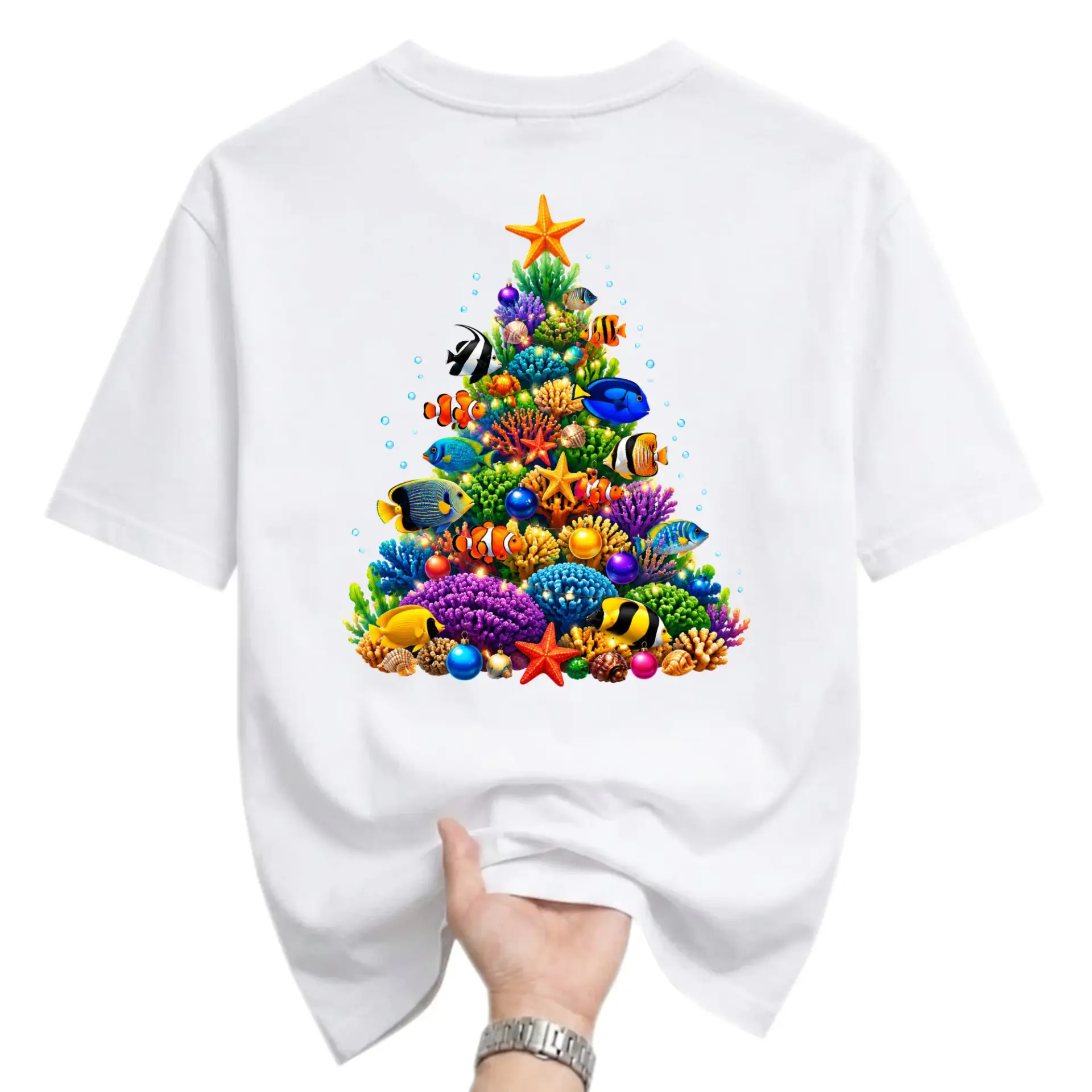 Graphic Tee Unisex Christmas Tree Tropical Ocean Fish Design Cotton Blend