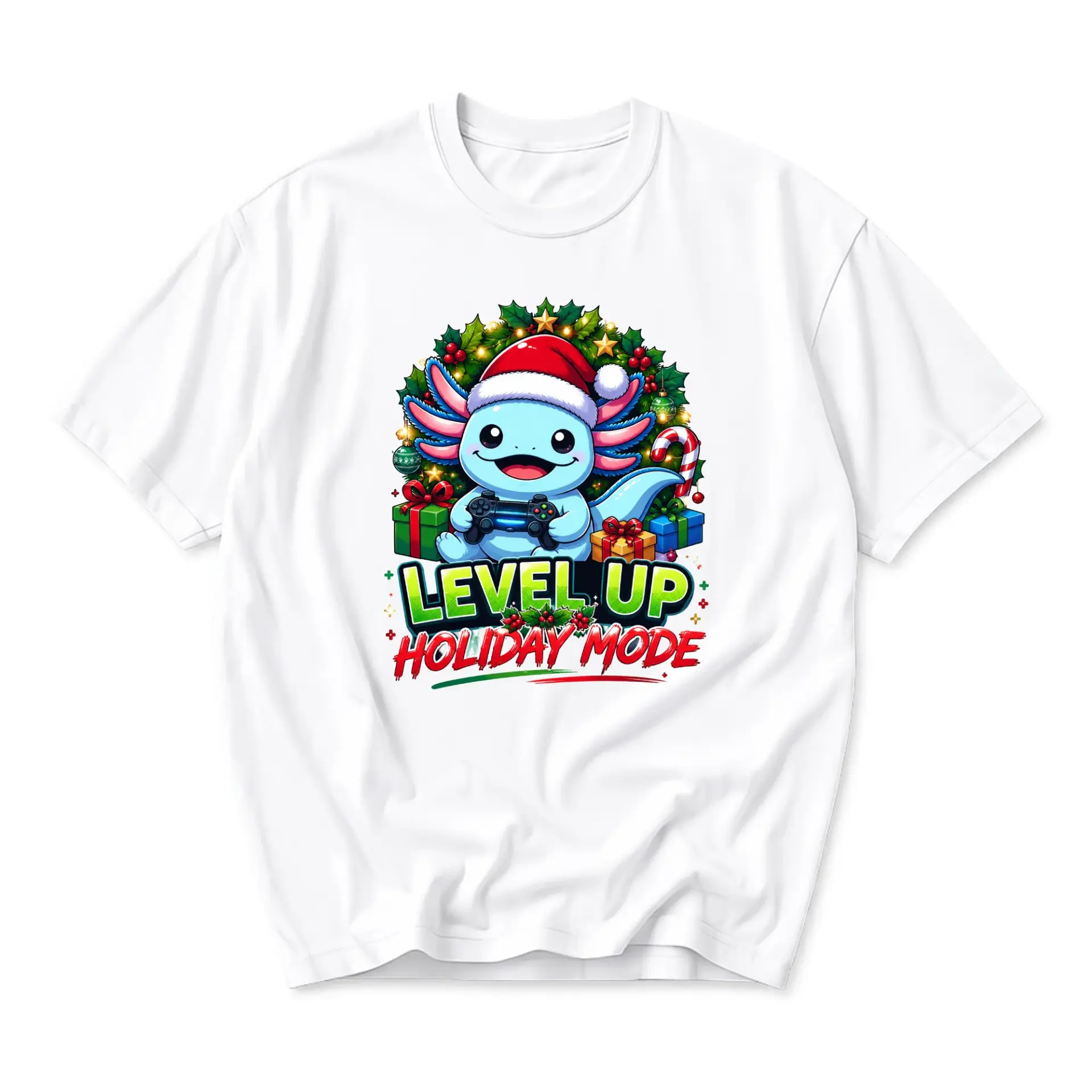 Graphic Tee up Holiday Mode Axolotl Christmas Gaming Unisex Short Sleeve Crew Neck Cotton Casual T-Shirt