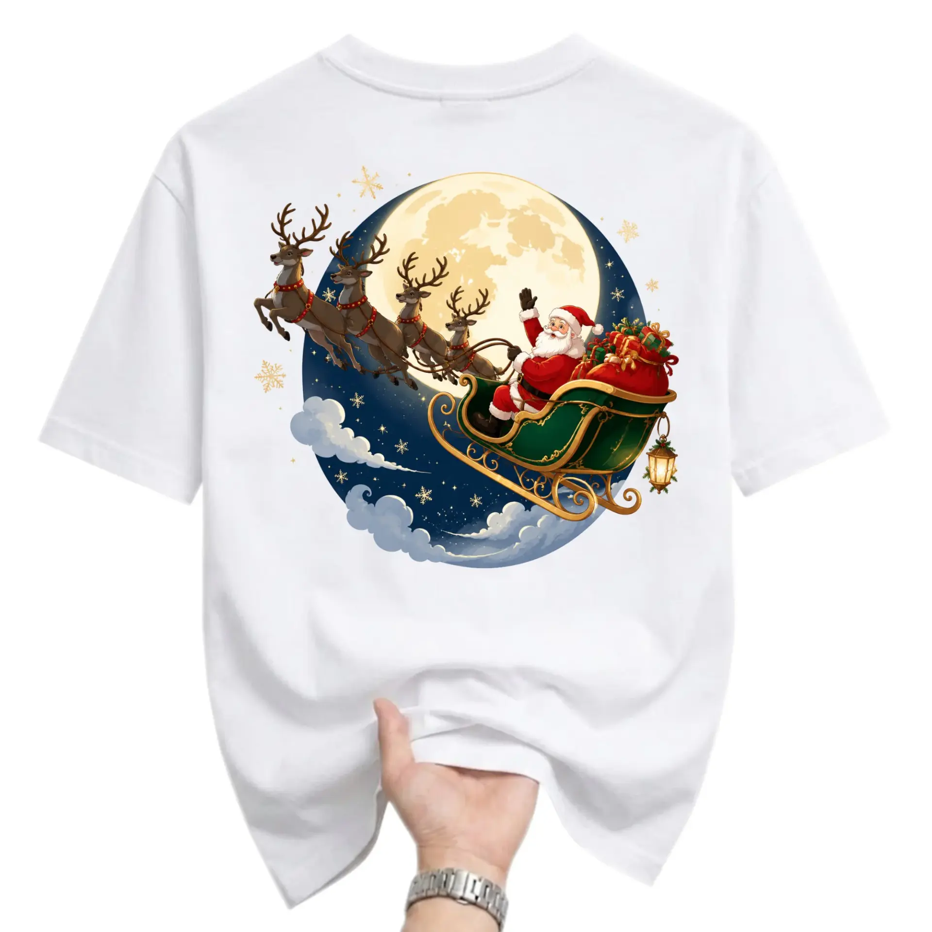 Graphic Tee Santa Claus Sleigh Christmas Moon Unisex Crew Neck Casual Everyday Holiday Short Sleeve Cotton Shirt