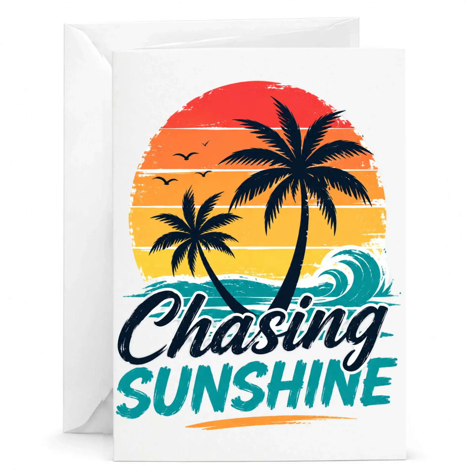 Greeting Card Chasing Sunshine Tropical Sunset Palm Trees Design Blank Note Card for Friends and Family 5x7 Inches