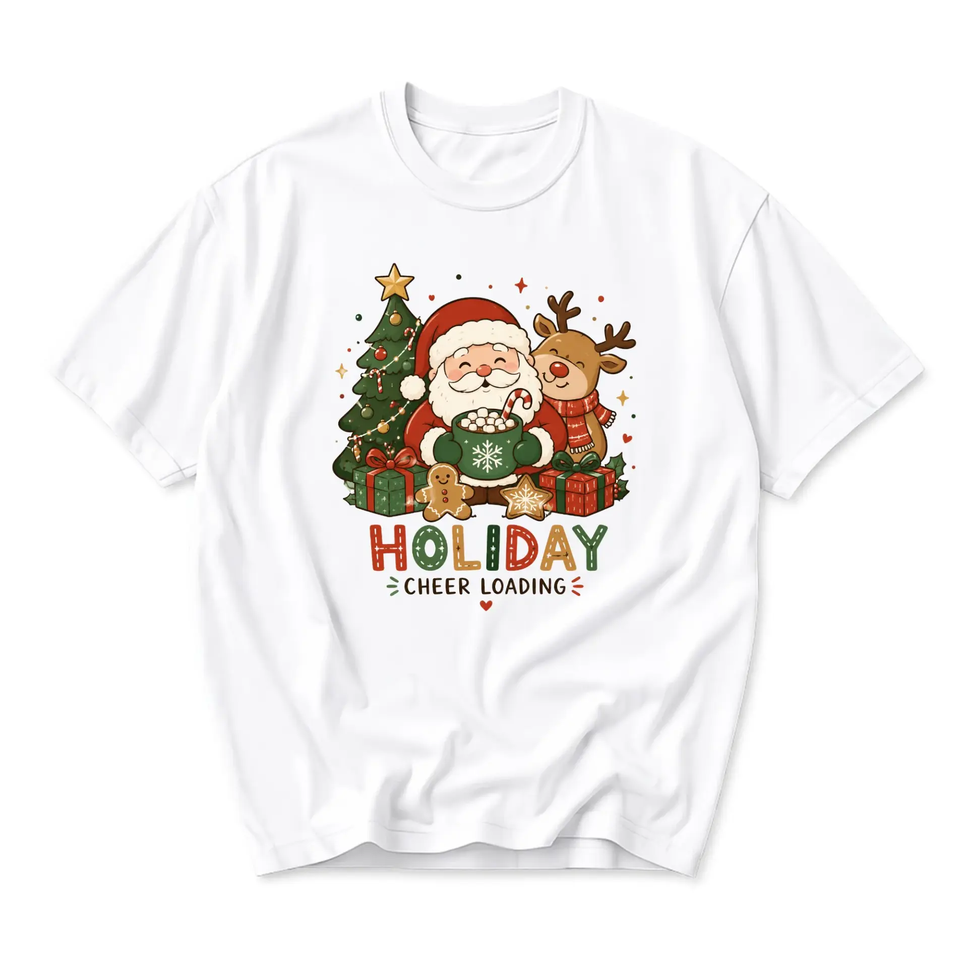 Graphic Tee Holiday Cheer Loading Shirt Festive Santa and Reindeer Unisex Crew Neck Casual Cotton Blend Apparel Top