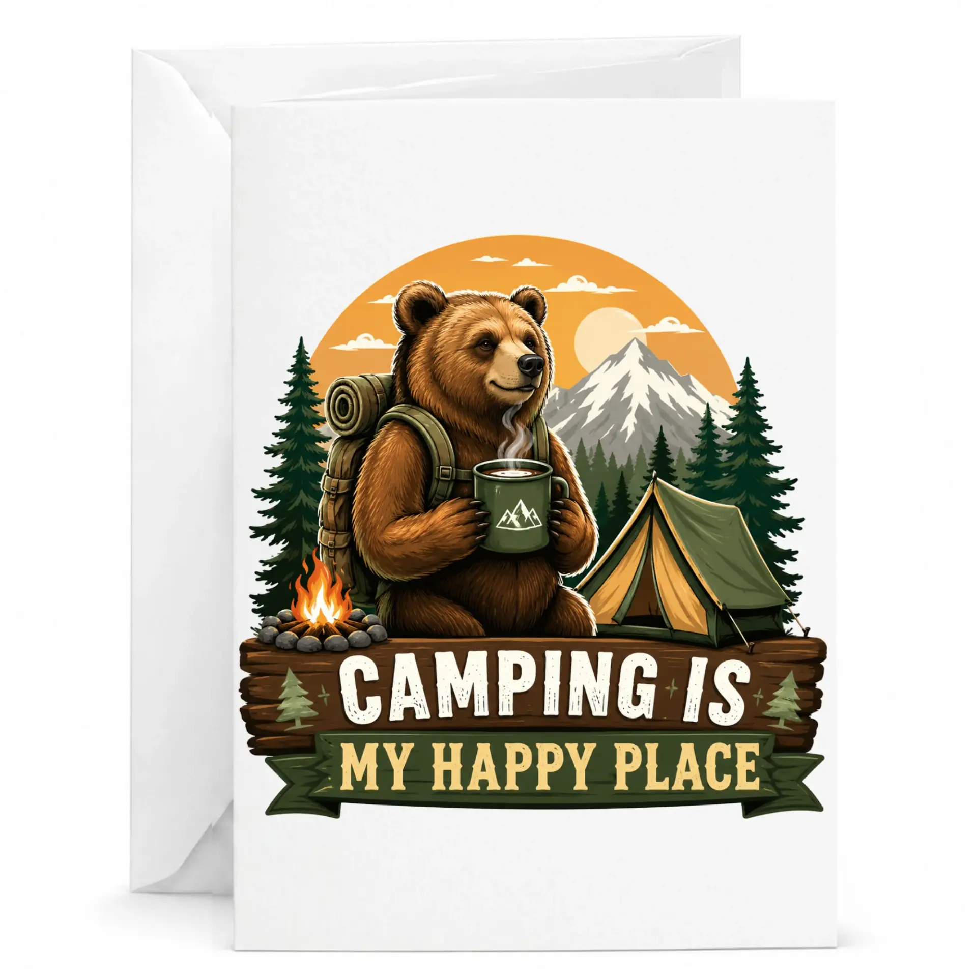 Funny Camping Is My Happy Place Greeting Card with Bear Illustration for Outdoor Enthusiasts and Nature Lovers