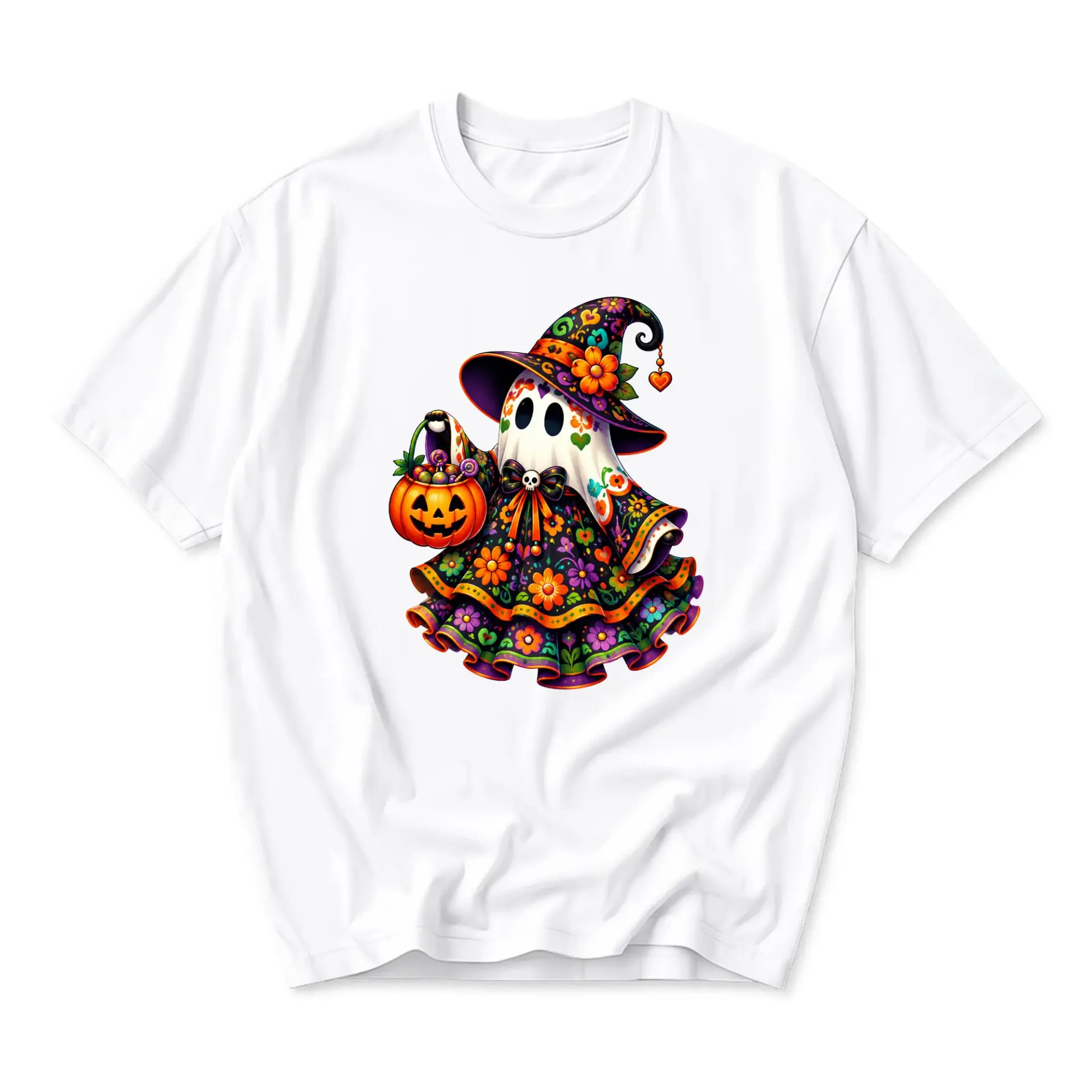 Graphic Tee Cute Ghost Wearing Witch Hat and Holding Pumpkin Basket for Seasonal Fall Celebrations and Events