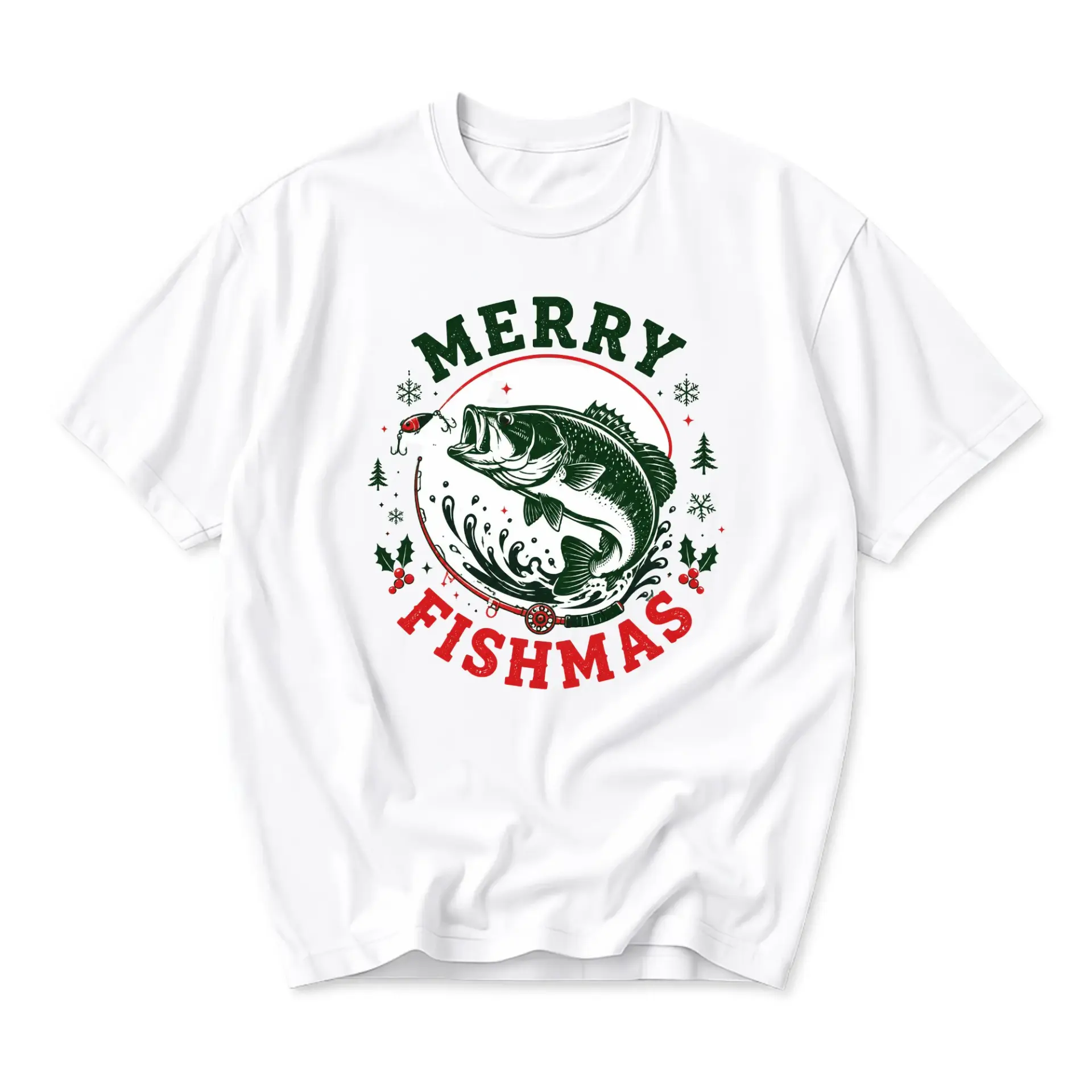 Funny Shirt Merry Fishmas Fishing Holiday Graphic Tee Casual Unisex Crew Neck Short Sleeve Cotton Apparel