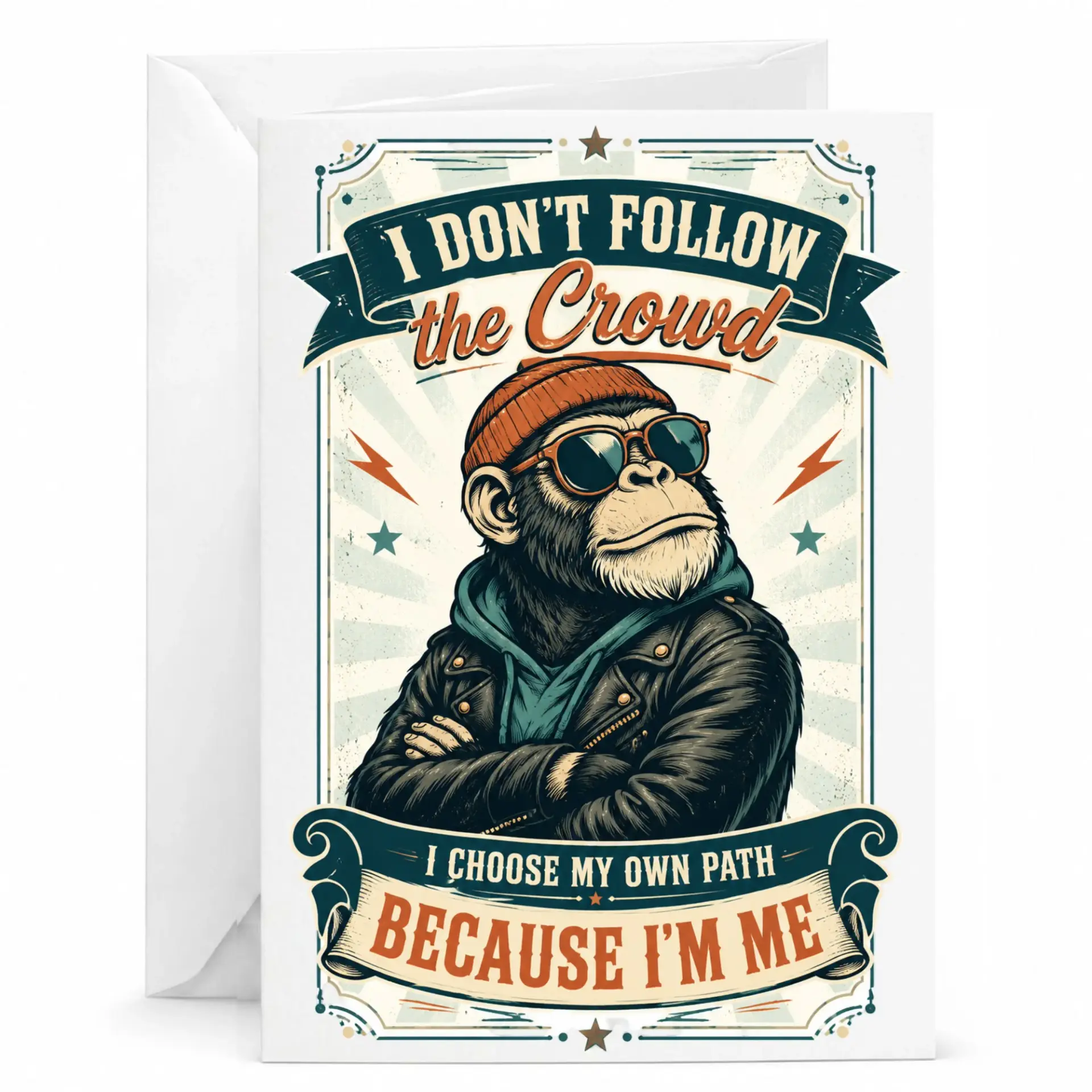 Funny Greeting Card Featuring a Cool Monkey in a Leather Jacket with an Inspiring Quote for Any Occasion